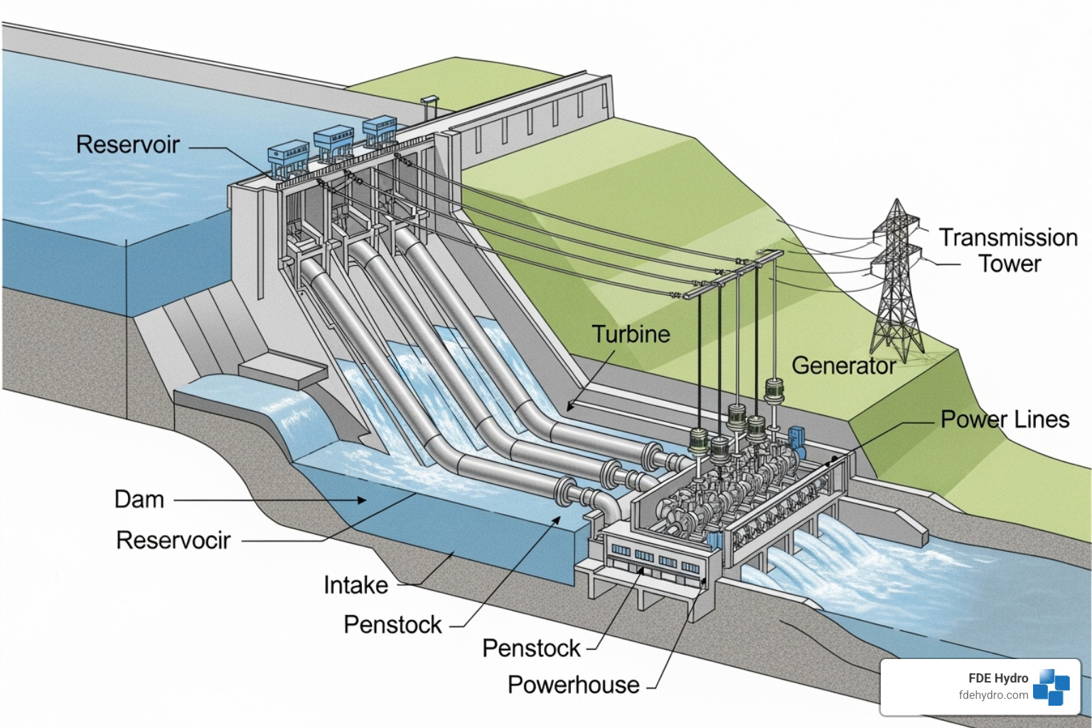 cutaway diagram of a hydroelectric dam - hydroelectric power generation
