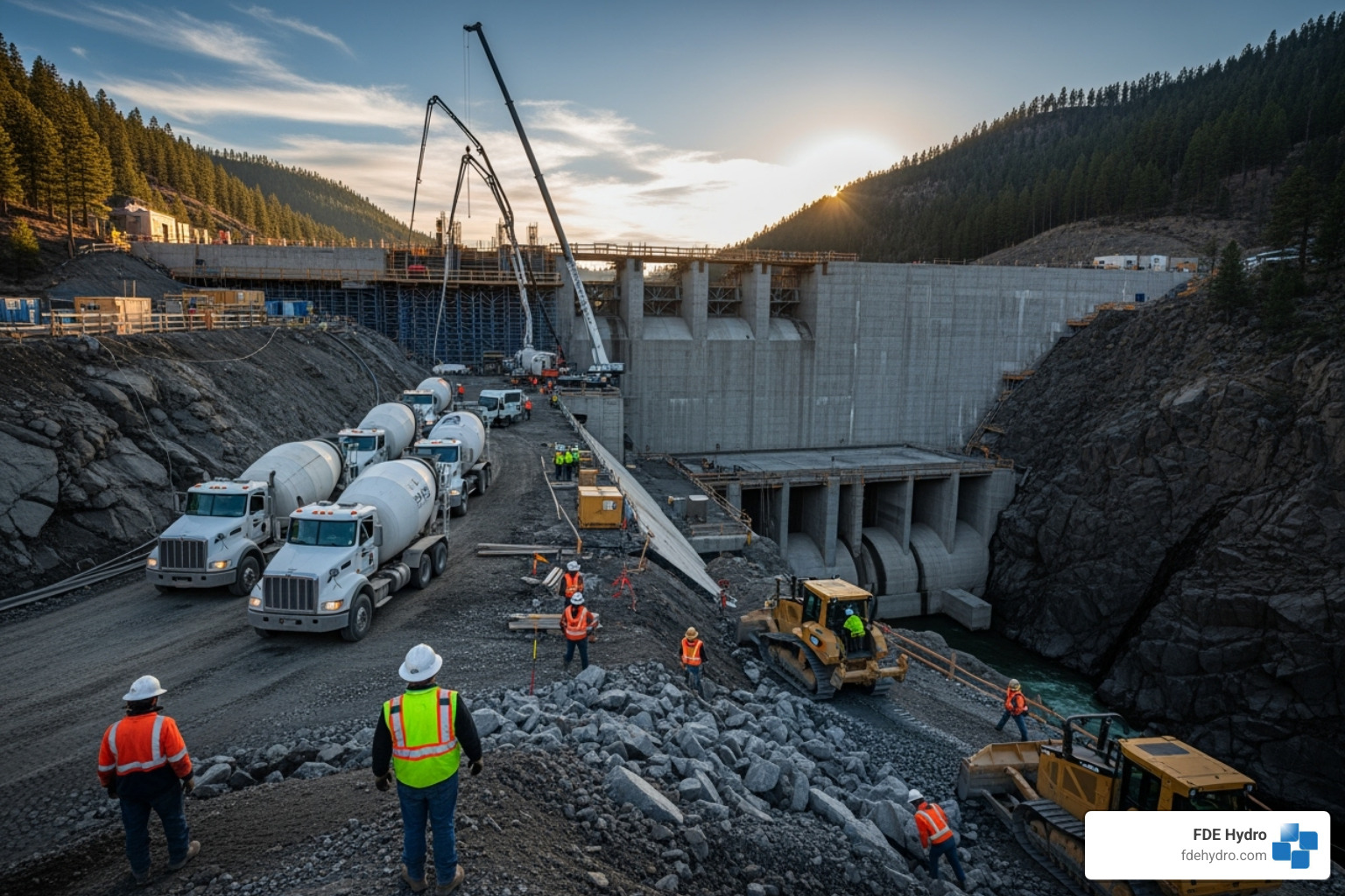 Dam under construction with concrete pouring - Hydroelectric dam construction