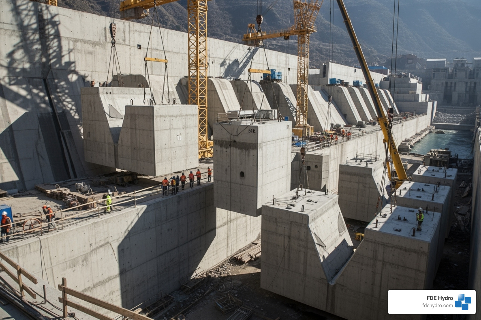 Modular precast concrete elements for dam construction - Hydroelectric dam construction