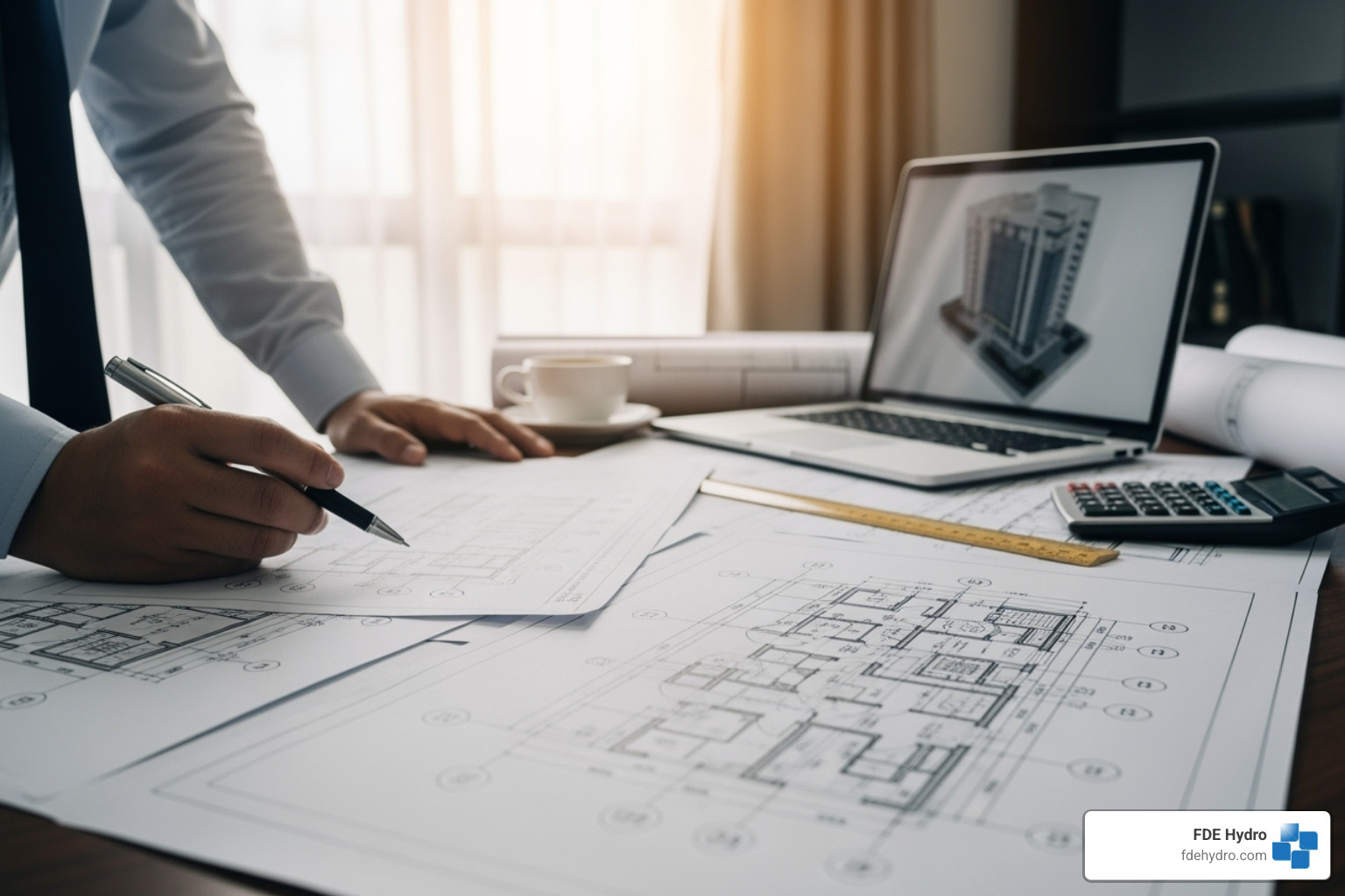 engineer reviewing blueprints - Water control systems
