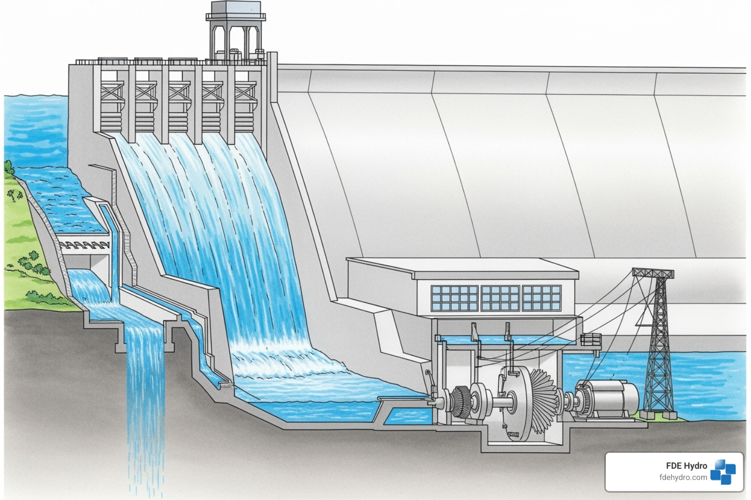 Hydropower facility components diagram - Hydroelectric dam construction