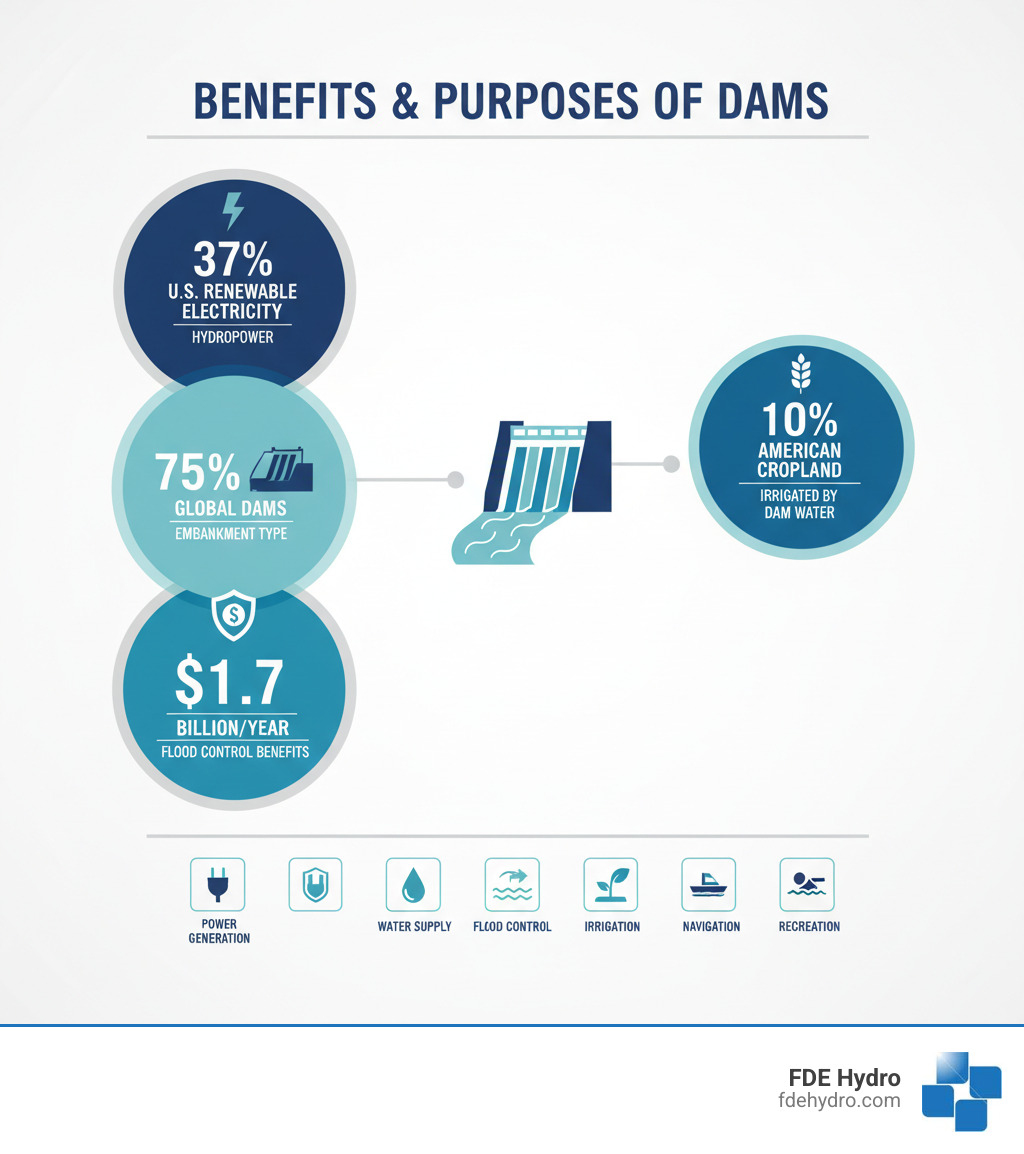 Infographic showing the primary benefits and purposes of dams: 37% of U.S. renewable electricity from hydropower, 75% of global dams are embankment type, $1.7 billion in annual flood control benefits, 10% of American cropland irrigated by dam water, and key functions including power generation, water supply, flood control, irrigation, navigation, and recreation - dam construction methods infographic 