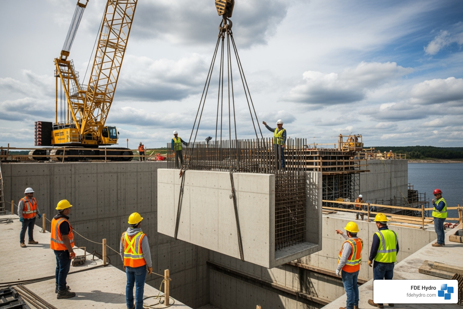 Modular precast dam component being installed - dam construction methods