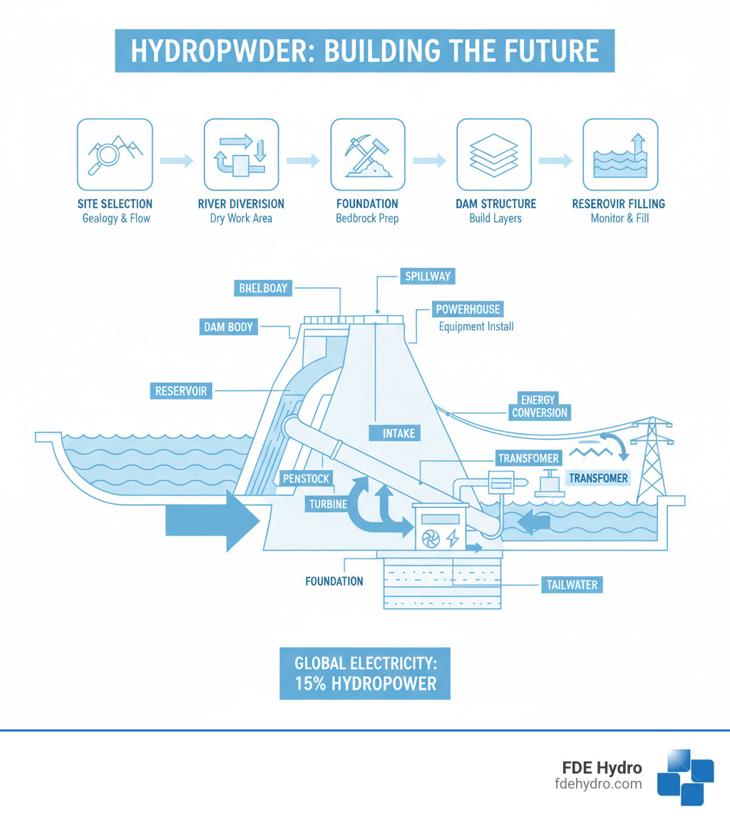Detailed infographic showing the six stages of hydroelectric dam construction from site selection through reservoir filling, with cross-section diagrams of dam components including foundation, spillway, penstock, powerhouse, turbines, and generators, plus arrows showing water flow and energy conversion process - Hydroelectric dam construction infographic 