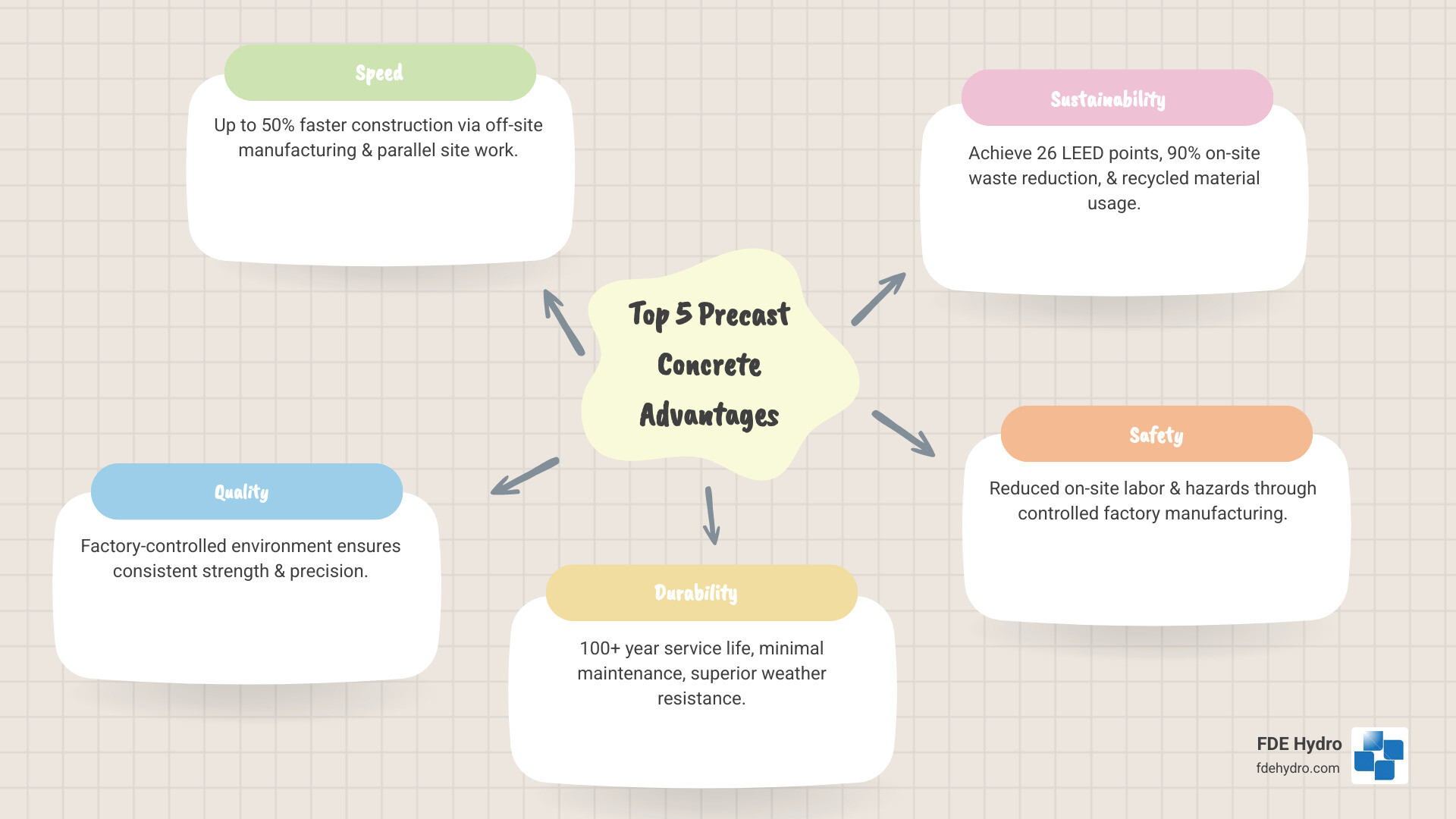 Infographic showing the top 5 precast concrete advantages: 1) Speed - up to 50% faster construction through off-site manufacturing and parallel site work, 2) Quality - factory-controlled environment ensures consistent strength and precision, 3) Durability - 100+ year service life with minimal maintenance and superior weather resistance, 4) Sustainability - 26 LEED points, 90% waste reduction, and recycled material usage, 5) Safety - reduced on-site labor and hazards through controlled manufacturing - precast concrete advantages infographic mindmap-5-items Infographic showing the top 5 precast concrete advantages: 1) Speed - up to 50% faster construction through off-site manufacturing and parallel site work, 2) Quality - factory-controlled environment ensures consistent strength and precision, 3) Durability - 100+ year service life with minimal maintenance and superior weather resistance, 4) Sustainability - 26 LEED points, 90% waste reduction, and recycled material usage, 5) Safety - reduced on-site labor and hazards through controlled manufacturing - precast concrete advantages infographic mindmap-5-items