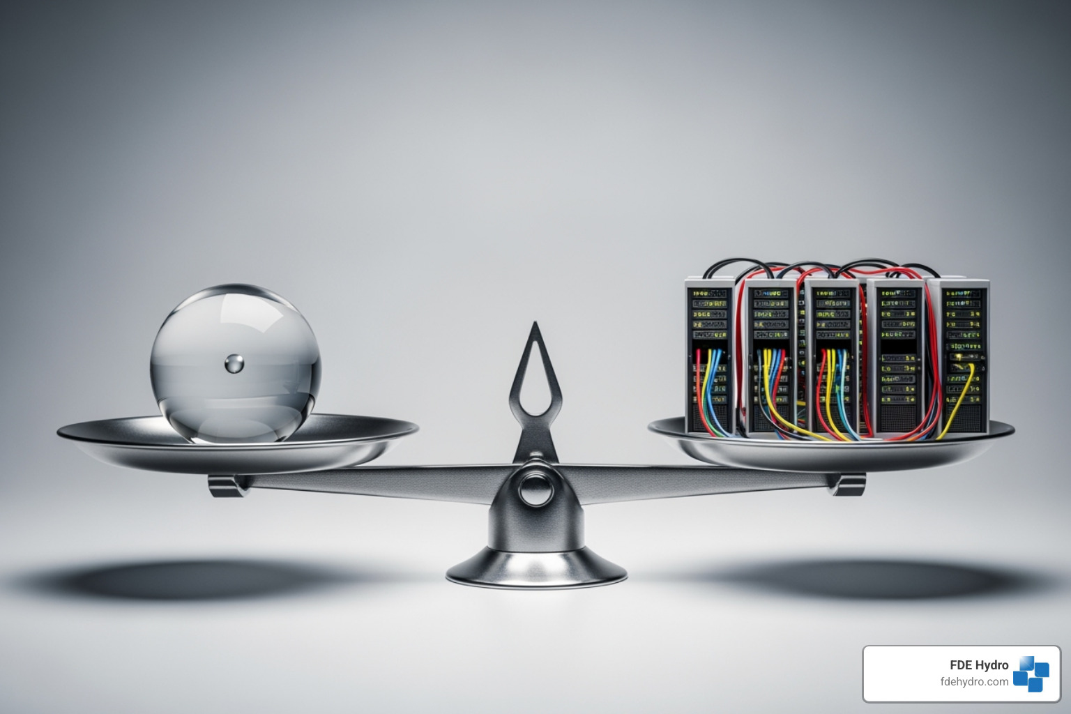 scale balancing a water drop on one side and a data center on the other - Water management AI