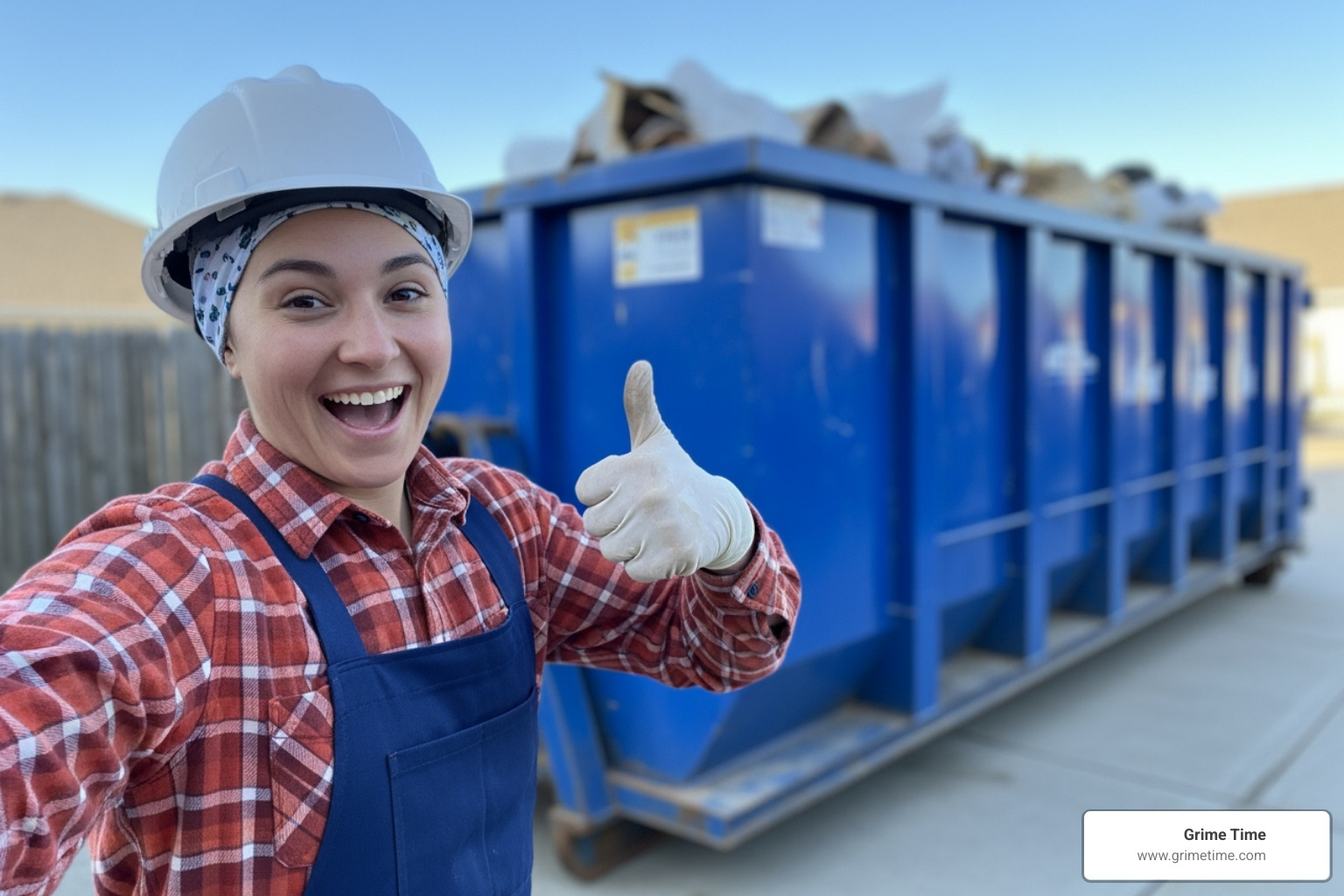 Image of a happy customer giving a thumbs-up in front of their filled dumpster ready for pickup - dumpster rentals prices in pflugerville tx