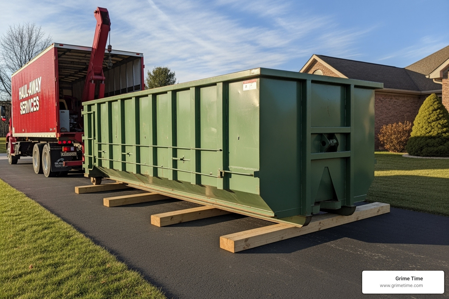 Image of a dumpster being carefully placed on a driveway with protective boards underneath - dumpster rentals prices in pflugerville tx