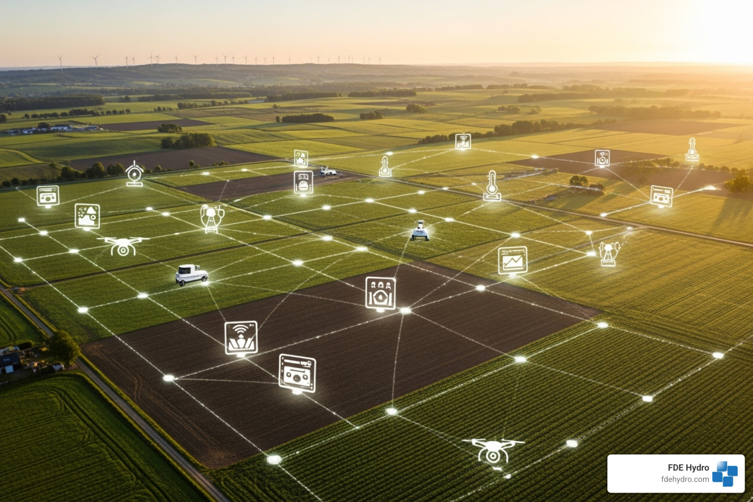 smart farm with sensor icons overlaying fields - Water management AI