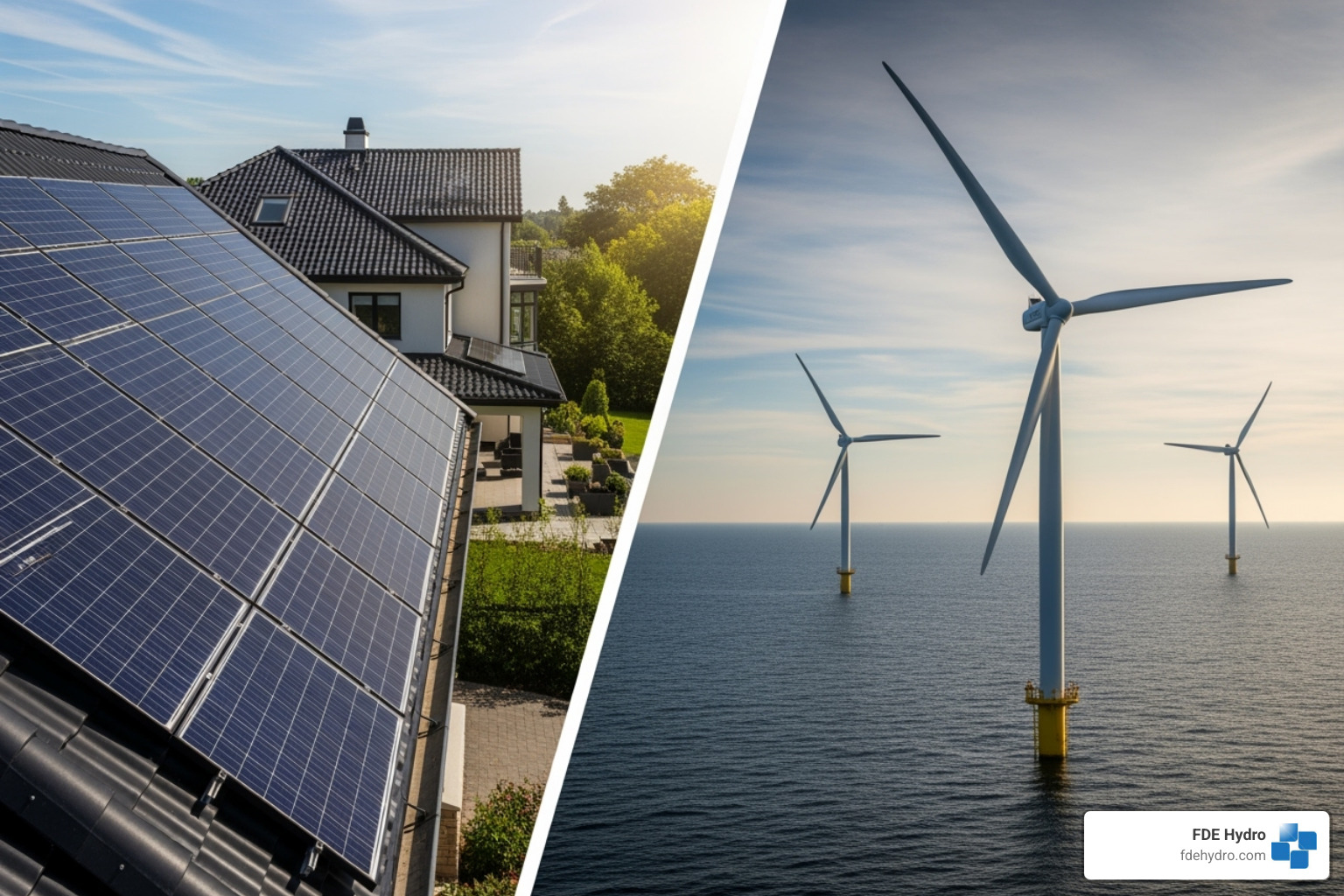 split-screen showing solar panels on a roof and large offshore wind turbines - renewable energy patents