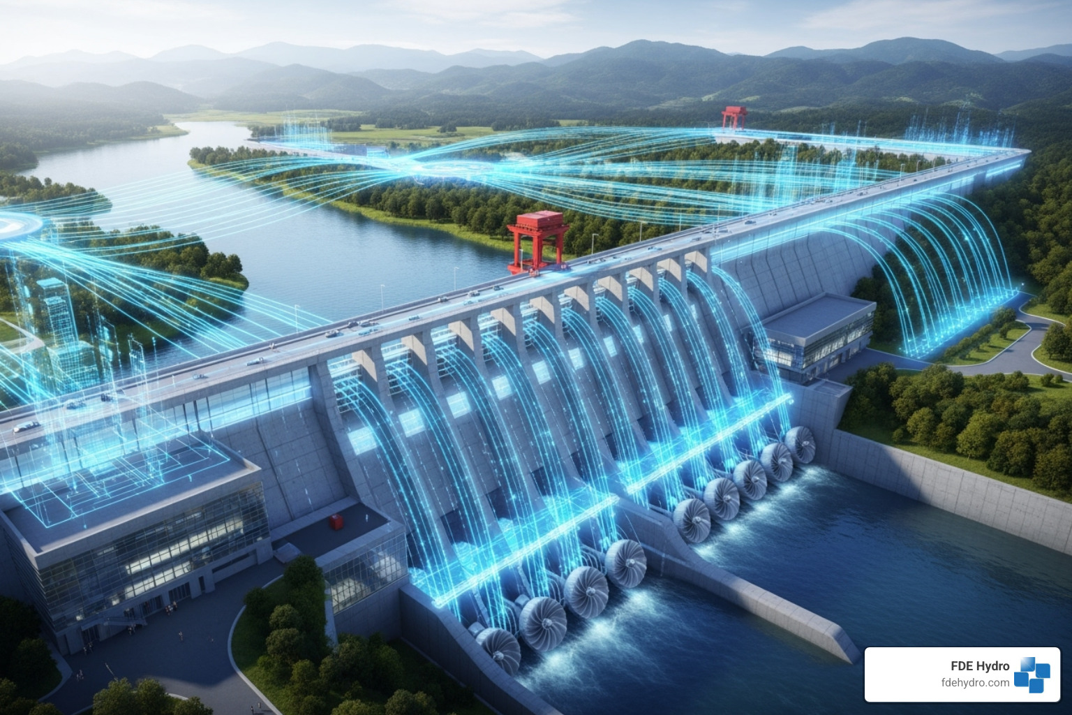A futuristic hydroelectric dam integrated with glowing data streams and smart grid infrastructure, symbolizing advanced AI energy management - AI energy management