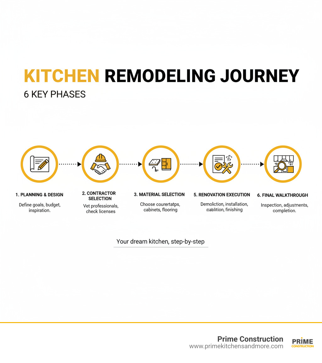 Infographic showing the 6 key phases of kitchen remodeling: 1. Planning & Design - Define goals, create budget, gather inspiration; 2. Contractor Selection - Vet professionals, check licenses and insurance; 3. Material Selection - Choose countertops, cabinets, flooring, fixtures; 4. Permits & Preparation - Secure approvals, prepare space; 5. Renovation Execution - Demolition, rough-ins, installation, finishing; 6. Final Walkthrough - Inspection, adjustments, project completion - kitchen remodeling solutions infographic 