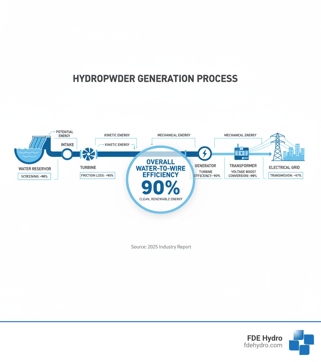 detailed infographic showing the complete hydroelectric power generation process from water reservoir through intake, penstock, turbine, generator, transformer to the electrical grid, with efficiency percentages at each stage and highlighting the 90% overall water-to-wire efficiency - Hydro dam efficiency infographic 