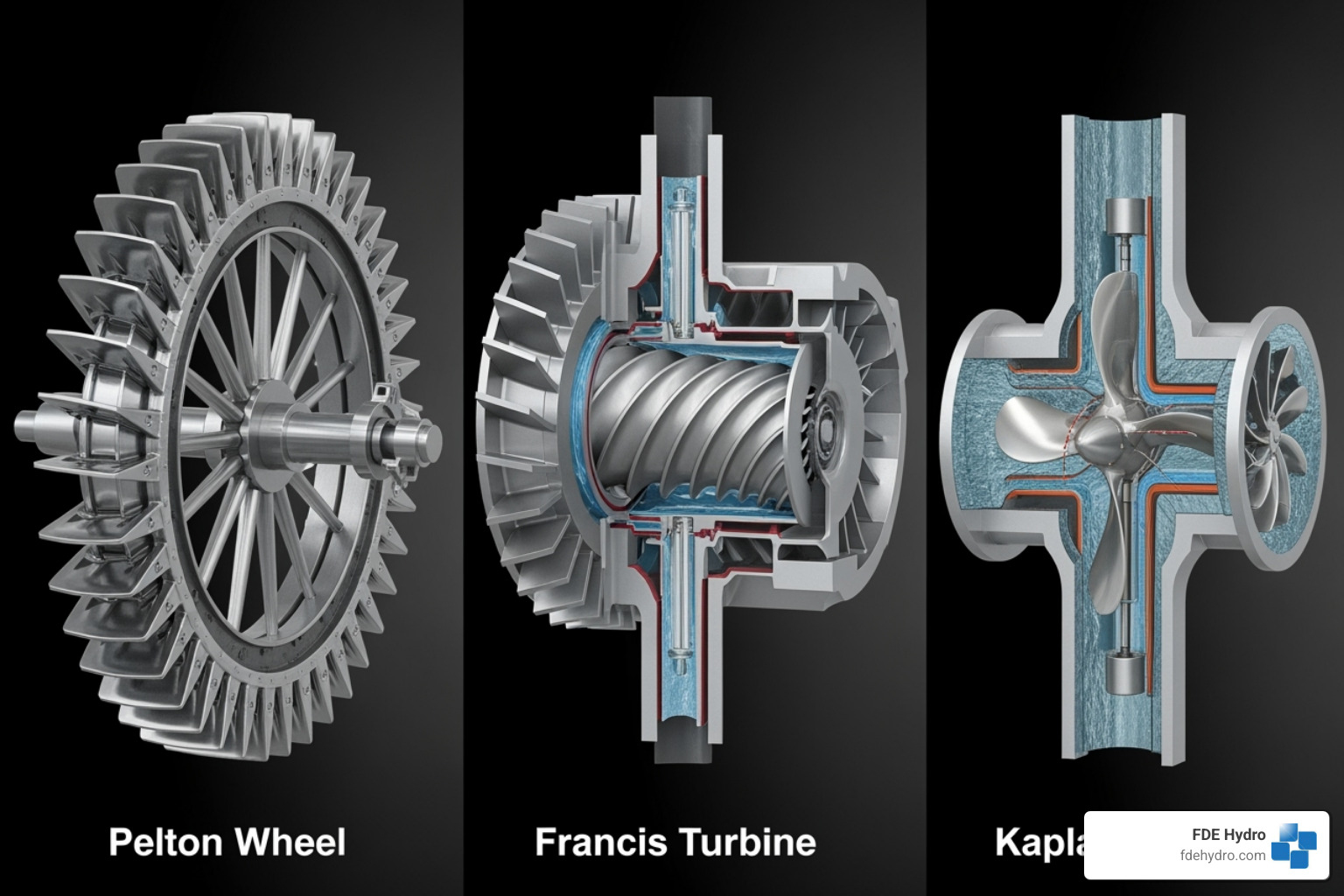 different turbine types (Pelton, Francis, Kaplan) - Hydro dam efficiency