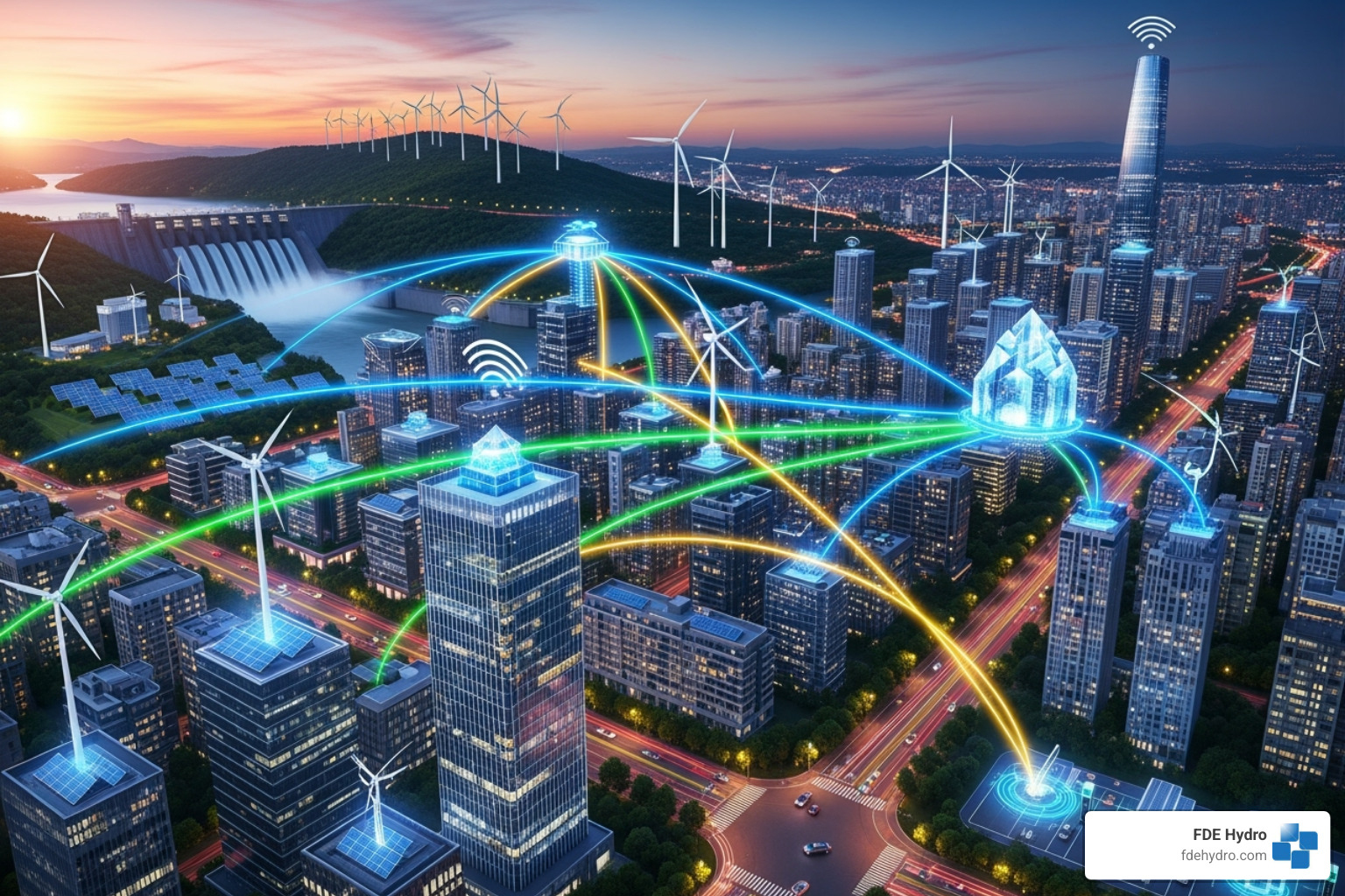 A smart city grid showing interconnected energy sources including hydropower, solar panels, wind turbines, and electric vehicles, with data flows visualized - AI energy management