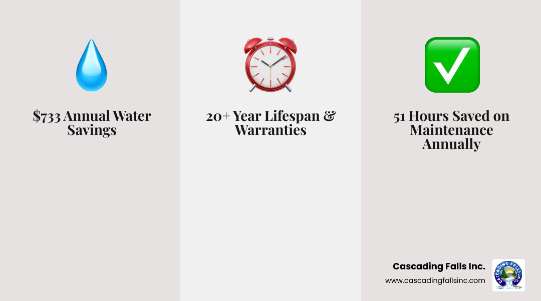 Infographic showing three key benefits of artificial turf: Annual water savings of $733, annual time savings of 51 hours with no mowing or watering required, and lifespan of 20+ years with warranties up to 20 years available - artificial turf Roseville CA infographic 3_facts_emoji_grey Infographic showing three key benefits of artificial turf: Annual water savings of $733, annual time savings of 51 hours with no mowing or watering required, and lifespan of 20+ years with warranties up to 20 years available - artificial turf Roseville CA infographic 3_facts_emoji_grey