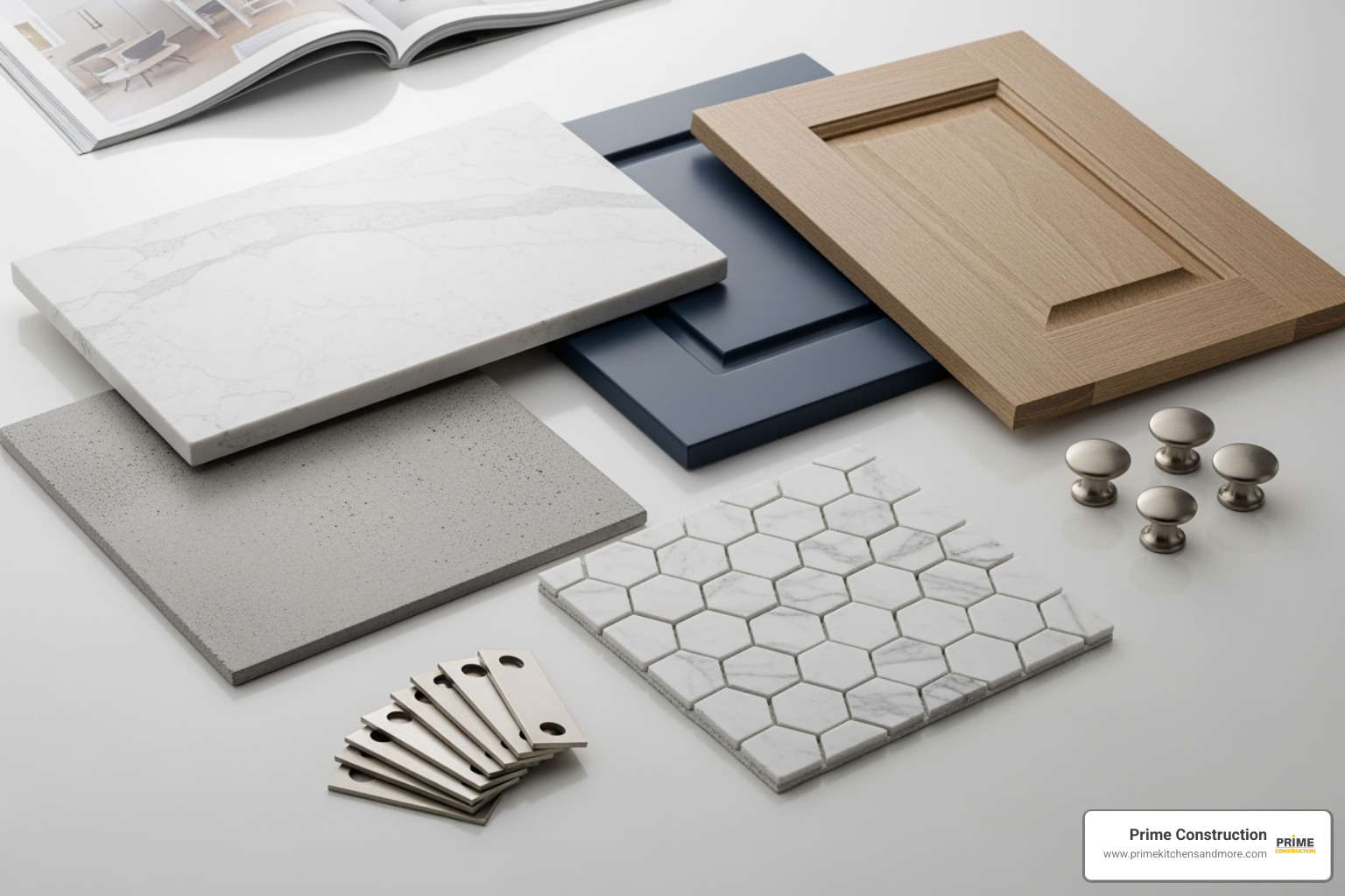 Various kitchen material samples like quartz countertops, cabinet doors, and flooring tiles - kitchen remodeling solutions