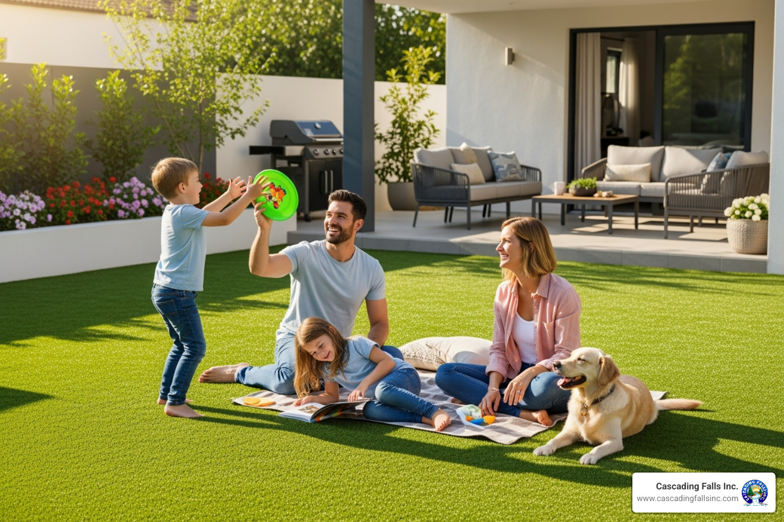 family enjoying their maintenance-free turf lawn - artificial turf Roseville CA family enjoying their maintenance-free turf lawn - artificial turf Roseville CA