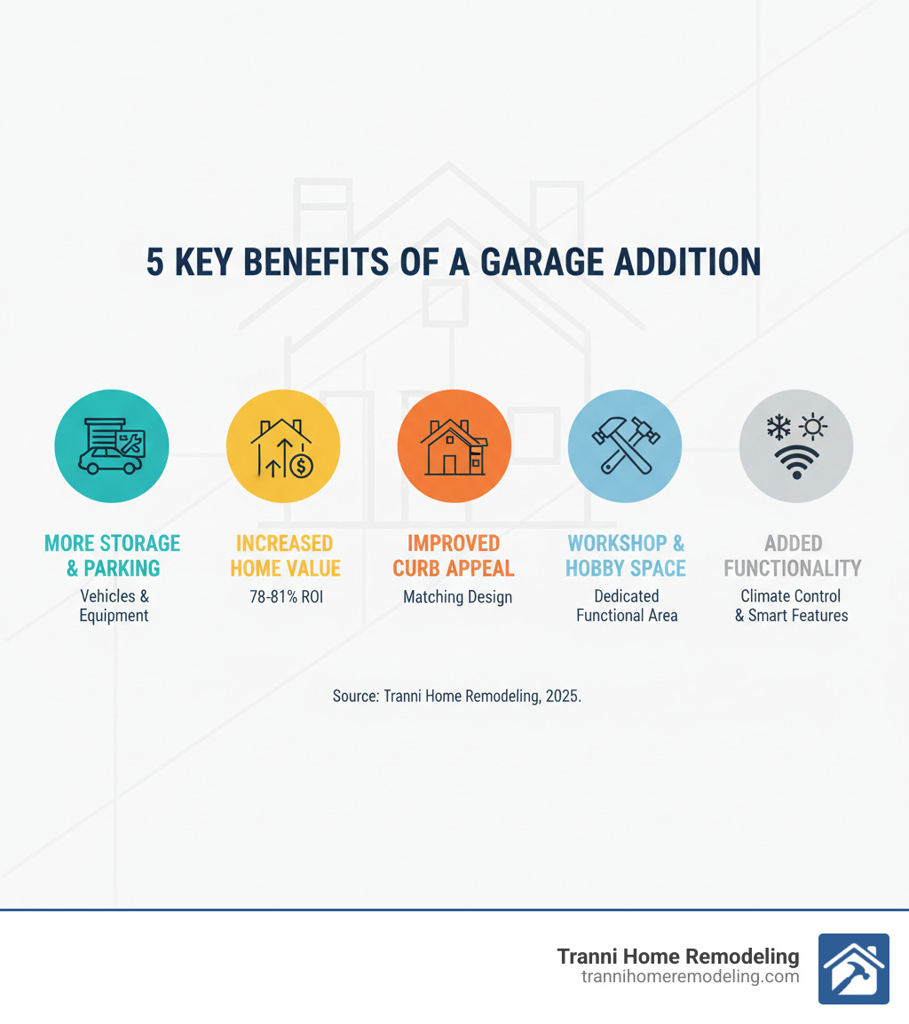 Infographic showing the 5 key benefits of a garage addition: more storage and parking space for vehicles and equipment; increased home value with 78-81% ROI; improved curb appeal through matching design and materials; workshop and hobby potential with dedicated functional space; added functionality including climate control and smart features - garage addition to existing garage infographic 