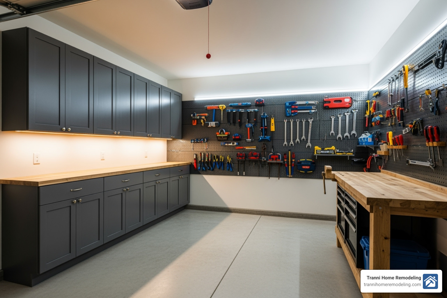 A well-organized garage interior featuring custom cabinetry, slatwall storage, a workbench with tools, and bright LED lighting. - garage addition to existing garage