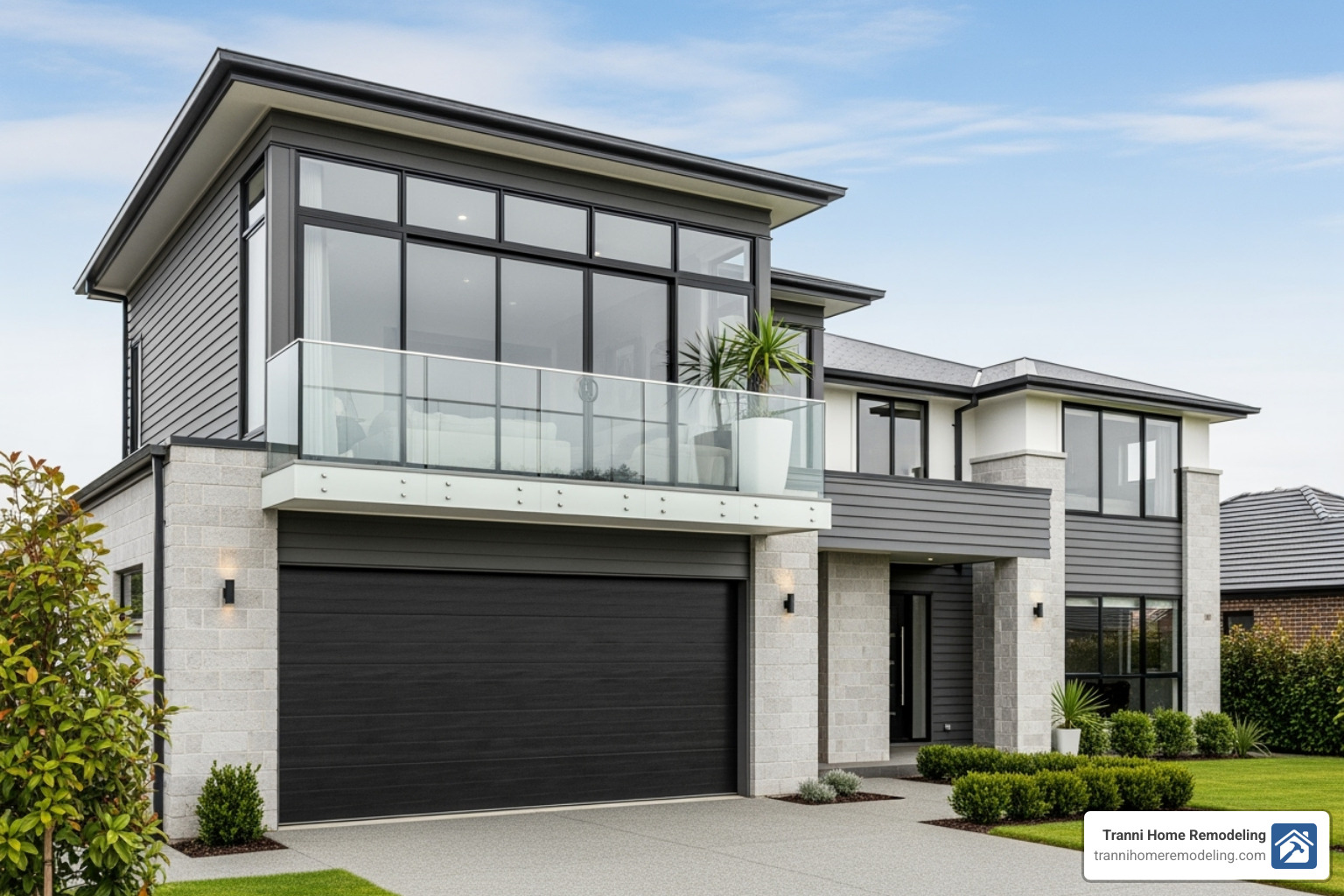 Stylish two-story garage with a modern living space above, featuring large windows and a balcony. - garage addition to existing garage