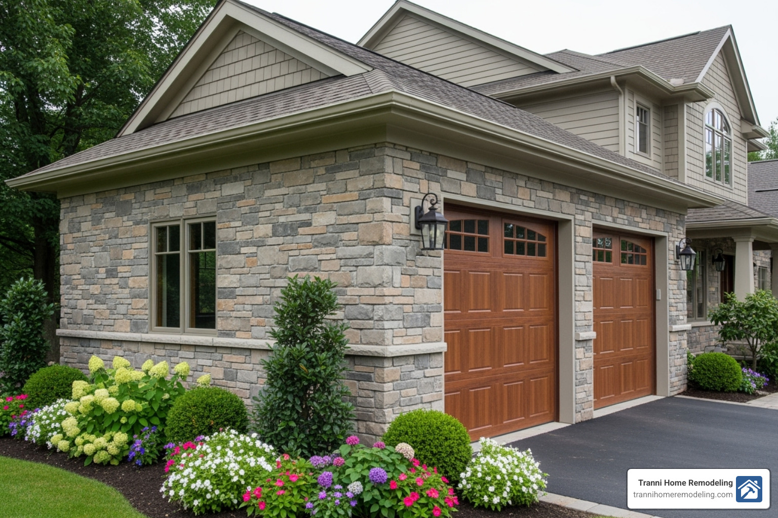A high-end garage addition featuring custom doors, stone veneer accents, and integrated landscaping, highlighting value-adding features. - garage addition to existing garage
