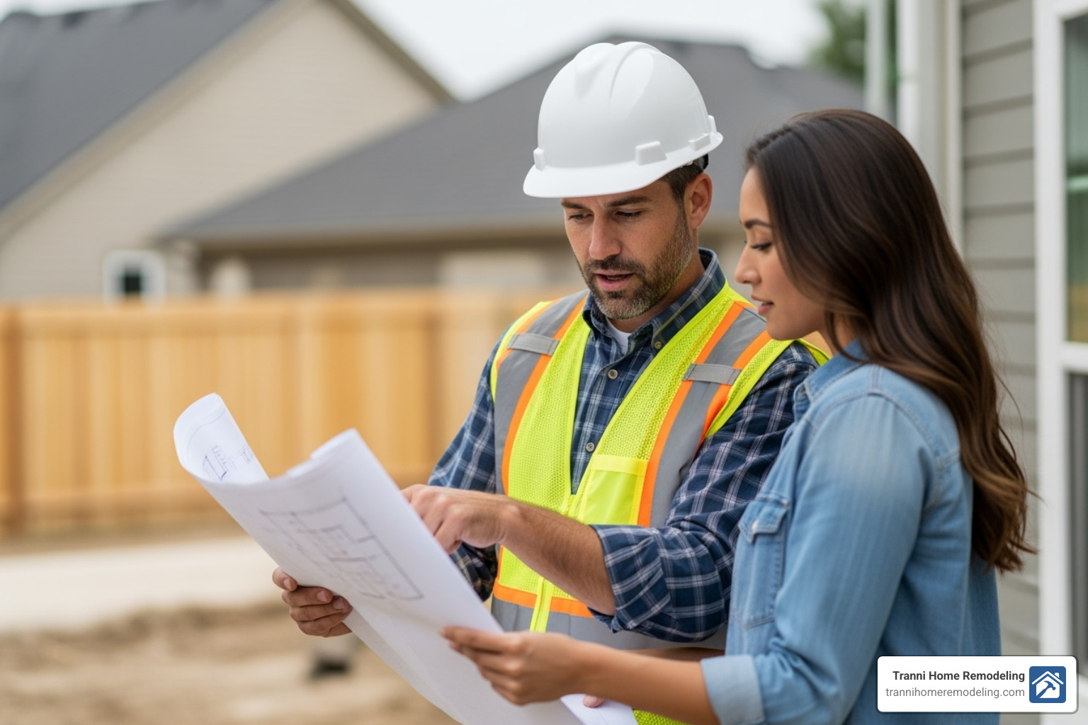 Contractor reviewing blueprints with a homeowner on-site, pointing to a section of the plan. - garage addition to existing garage