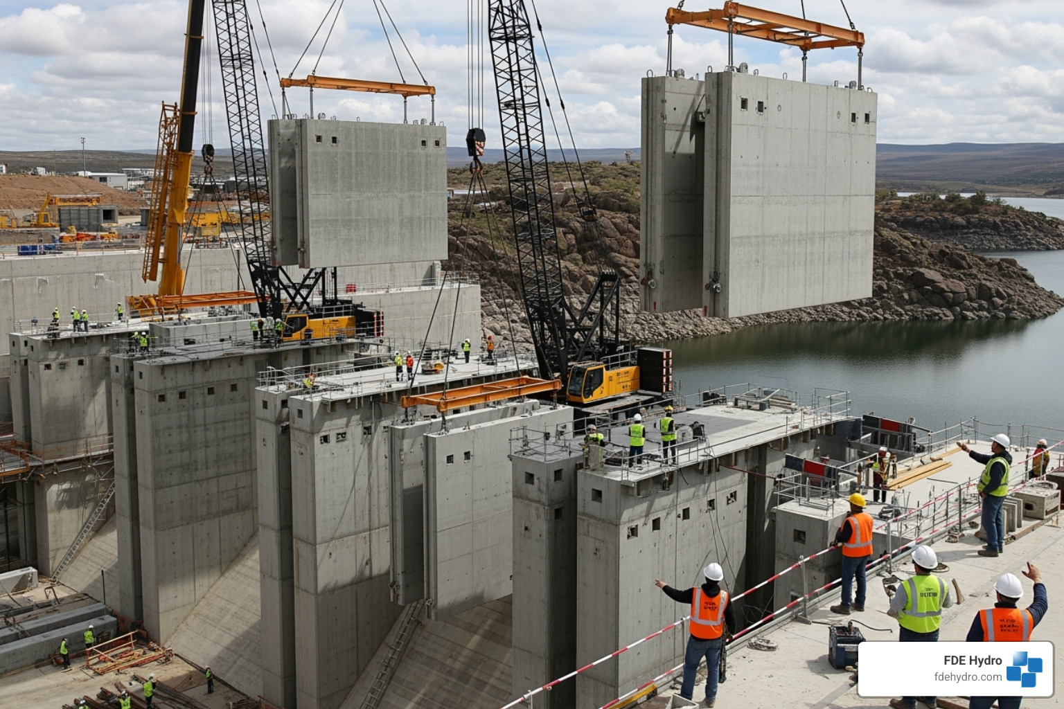 Modular precast concrete dam components being installed - Dam engineering solutions