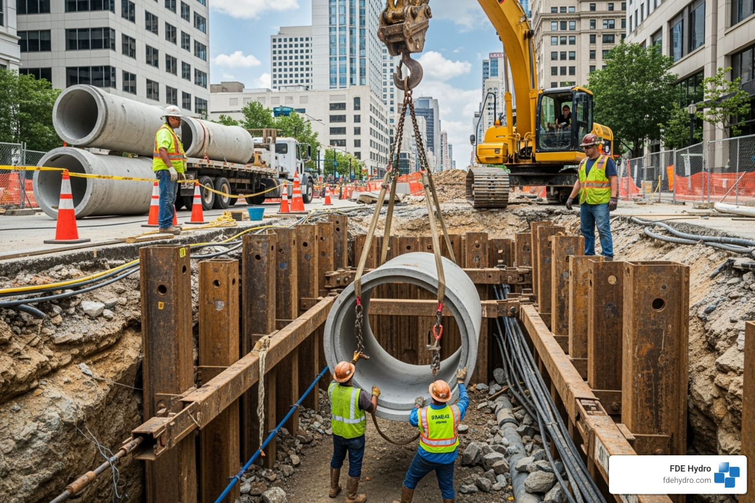 Construction workers installing a new section of water pipeline - water control infrastructure