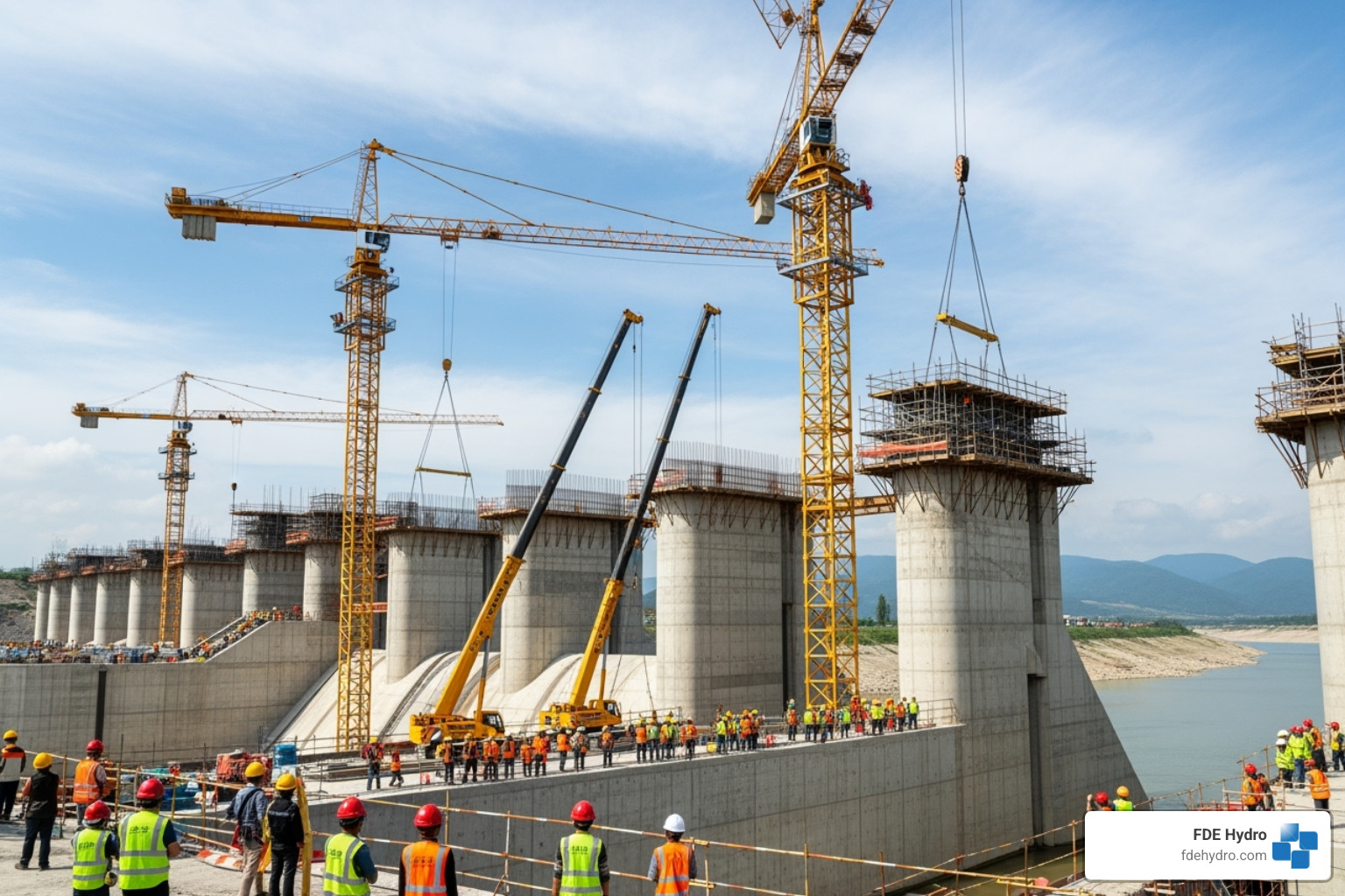 Modular precast concrete dam construction underway - water control infrastructure