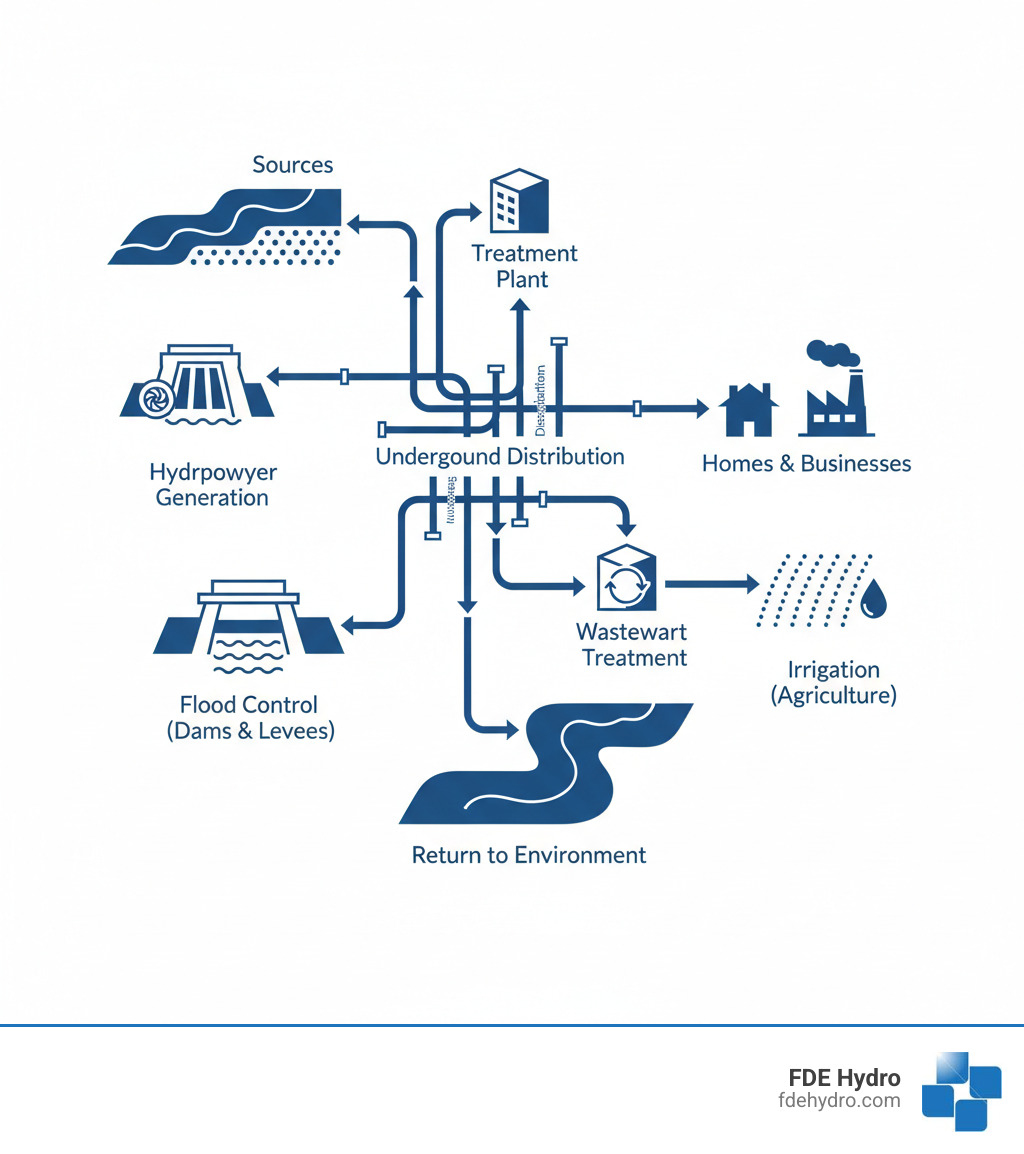 Infographic showing the complete water cycle through infrastructure: from source (rivers, aquifers) through treatment plants, distribution via underground pipes to homes and businesses, wastewater collection and treatment, and return to the environment, with branches showing hydropower generation, flood control via dams and levees, and irrigation systems for agriculture - water control infrastructure infographic 