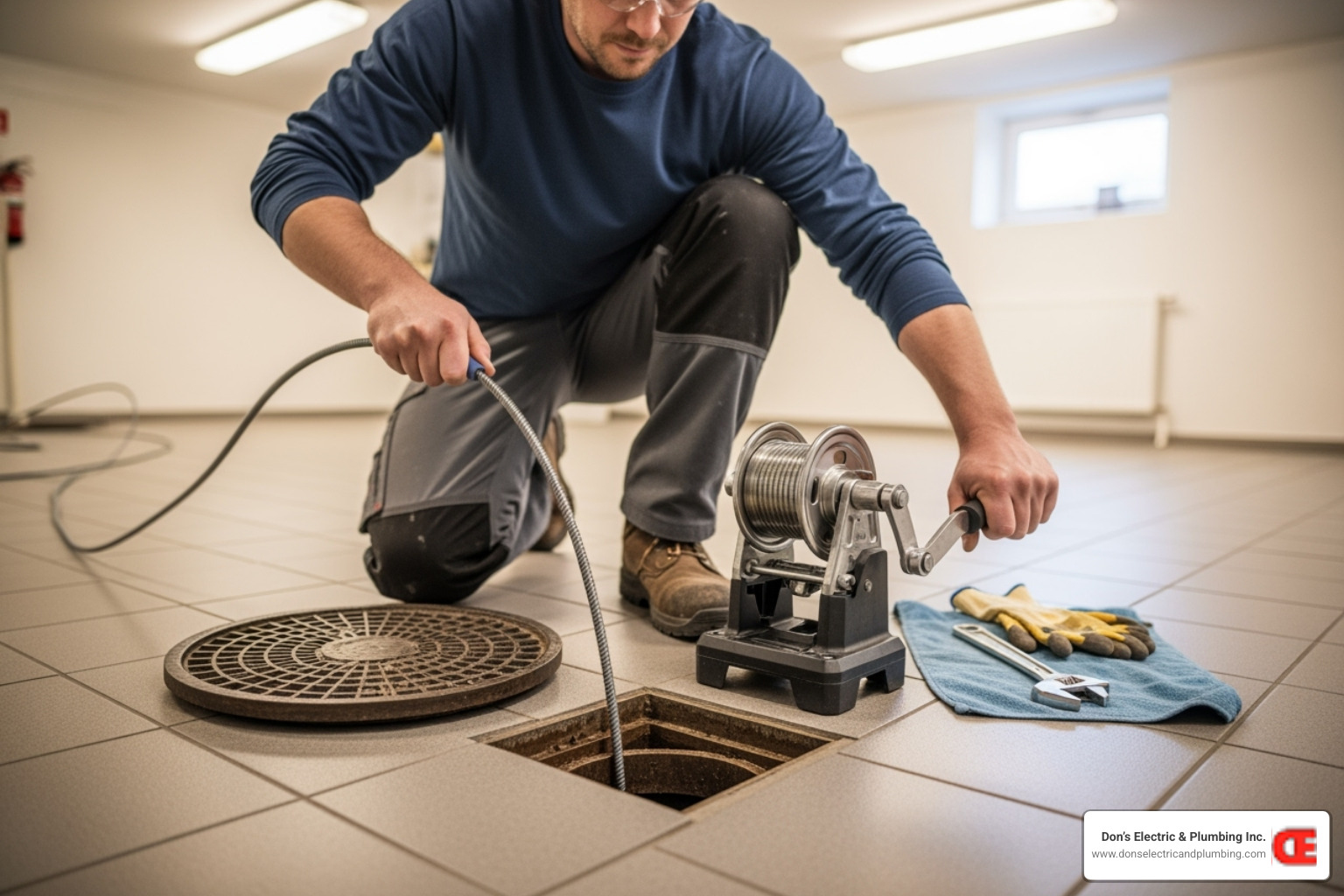 A person safely using a drain snake on a floor drain - drain snake canajoharie
