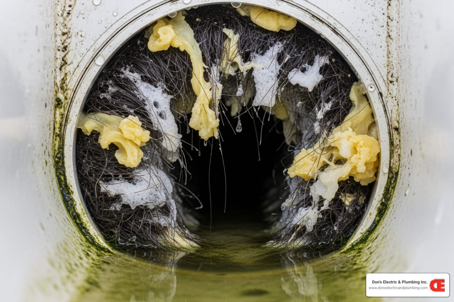 Common clog culprits like hair, grease, and soap scum in a cross-section of a pipe - drain snake canajoharie