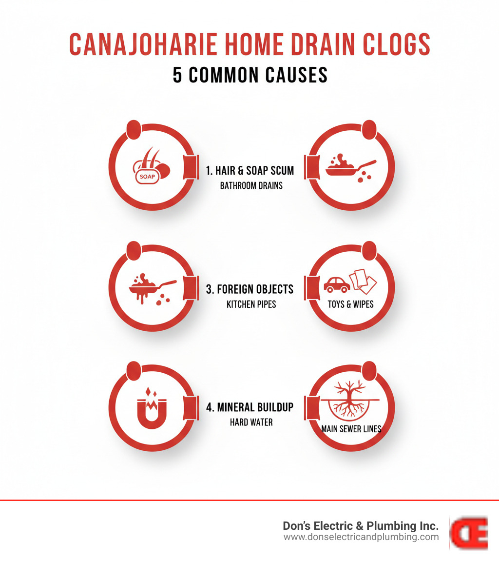 Infographic showing the five most common causes of household drain clogs in Canajoharie homes: hair and soap scum combining in bathroom drains, grease and food particles solidifying in kitchen pipes, foreign objects like toys or wipes causing immediate blockages, mineral buildup from hard water narrowing pipes over time, and tree roots invading main sewer lines - drain snake canajoharie infographic 