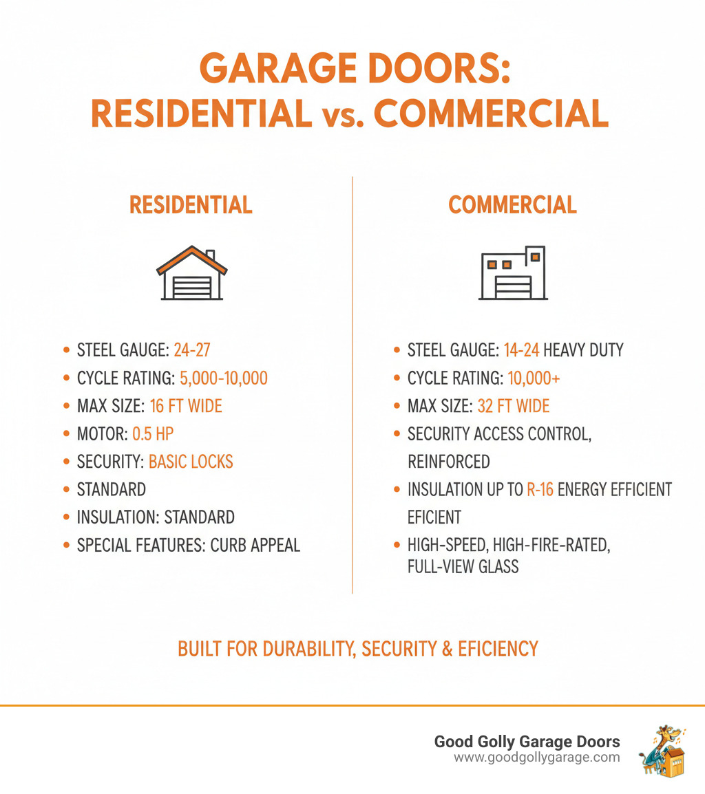 Infographic showing the key differences between residential and commercial garage doors: commercial doors feature heavier gauge steel (14-24 gauge vs 24-27 gauge), higher cycle ratings (10,000+ vs 5,000-10,000 cycles), larger sizes (up to 32 feet wide vs 16 feet), industrial-grade operators (1+ HP vs 0.5 HP), enhanced security features including access control and reinforced locking, insulation options up to R-16 for energy efficiency, and specialized designs for business needs like high-speed operation, fire ratings, and full-view glass for visibility - commercial garage door installation las vegas infographic  Infographic showing the key differences between residential and commercial garage doors: commercial doors feature heavier gauge steel (14-24 gauge vs 24-27 gauge), higher cycle ratings (10,000+ vs 5,000-10,000 cycles), larger sizes (up to 32 feet wide vs 16 feet), industrial-grade operators (1+ HP vs 0.5 HP), enhanced security features including access control and reinforced locking, insulation options up to R-16 for energy efficiency, and specialized designs for business needs like high-speed operation, fire ratings, and full-view glass for visibility - commercial garage door installation las vegas infographic
