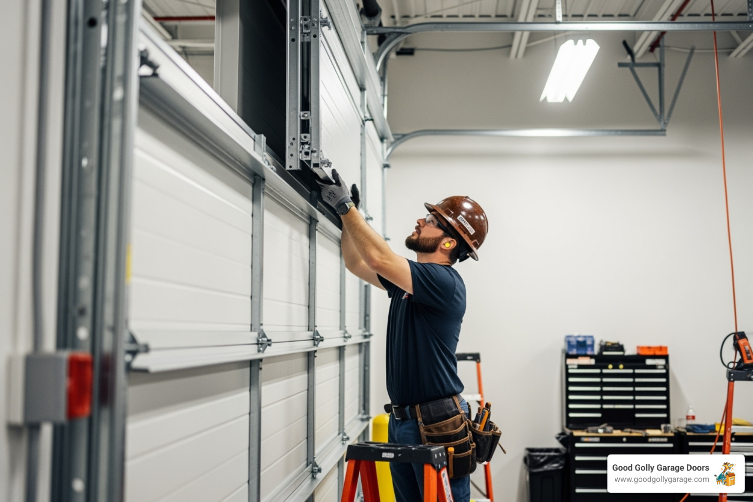technician installing a commercial garage door panel - commercial garage door installation las vegas technician installing a commercial garage door panel - commercial garage door installation las vegas