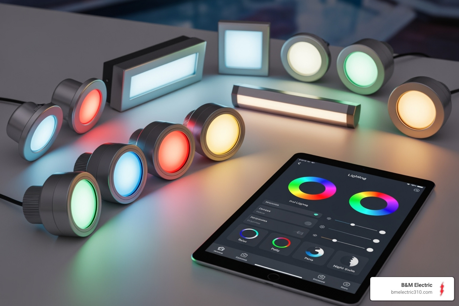 A display of various energy-efficient LED pool lights and smart home control interfaces - pool area lighting torrance