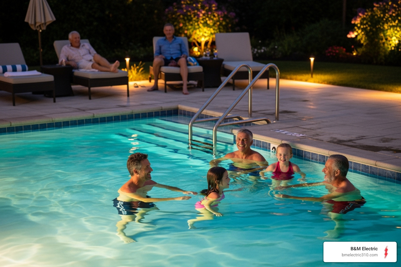 A family enjoying a safely lit pool area in the evening in Torrance - pool area lighting torrance