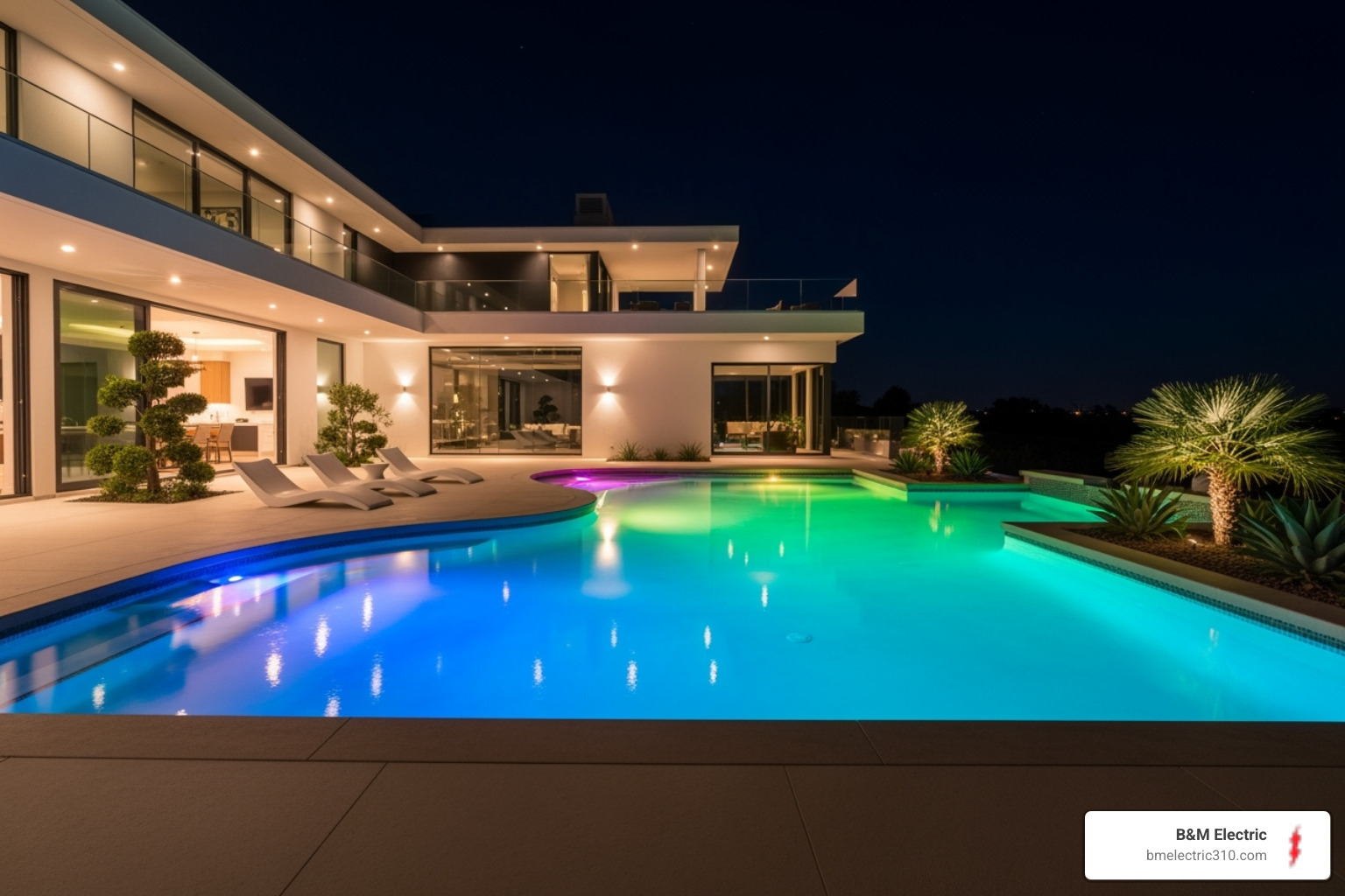A pool with a custom, multi-color lighting scheme that matches the home's modern architecture - pool area lighting torrance