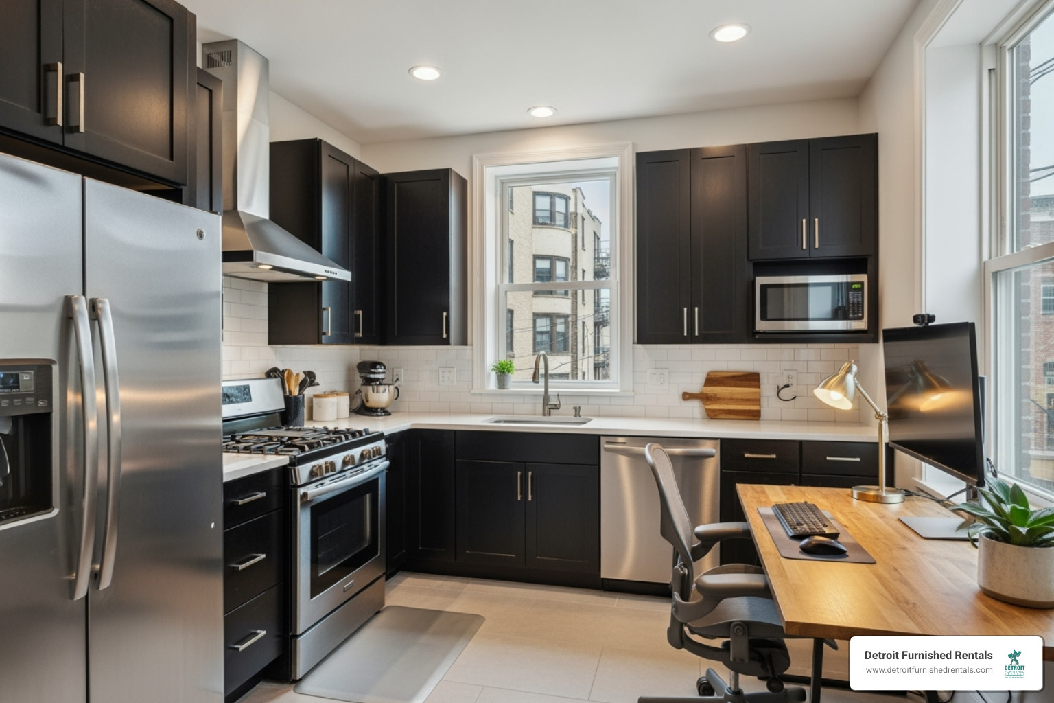 well-equipped kitchen and separate desk workspace in a Detroit apartment - Furnished rentals for interns