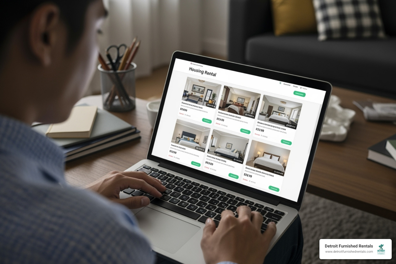 person browsing Detroit Furnished Rentals website on a laptop - Furnished rentals for interns