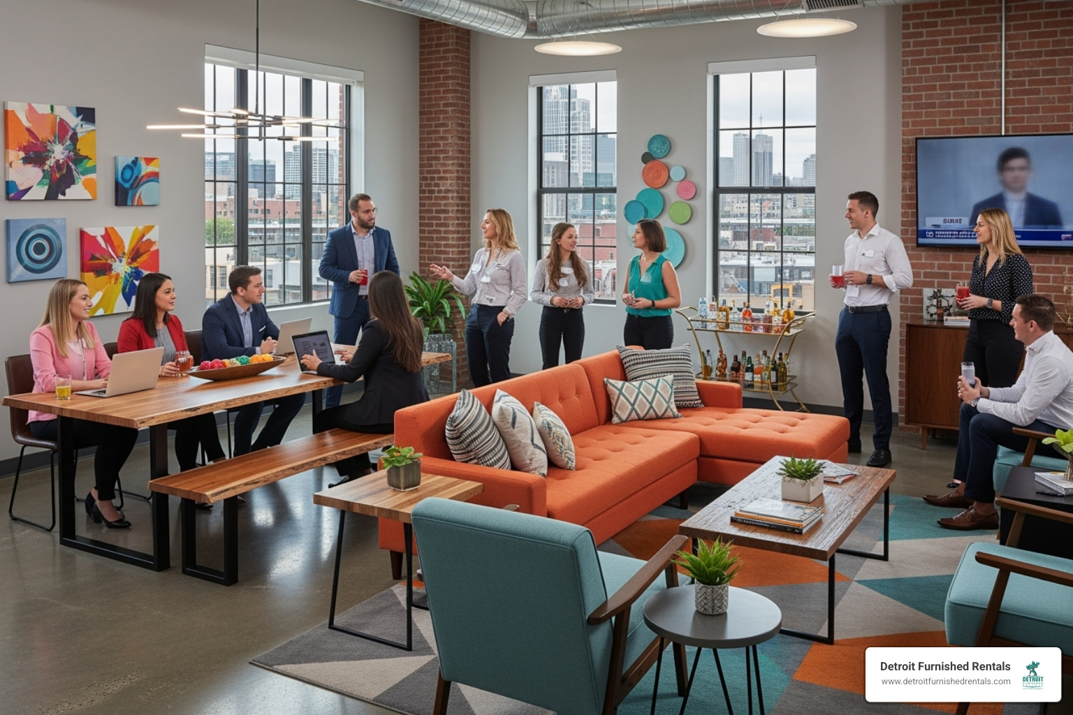 vibrant common area in a Detroit furnished rental with several young professionals - Furnished rentals for interns