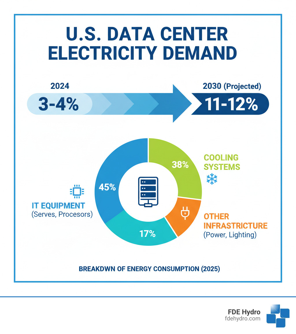 infographic showing U.S. data center electricity demand growth from 3-4% in 2024 to projected 11-12% by 2030, with breakdown of energy consumption by IT equipment 45%, cooling 38%, and other infrastructure - Data center energy resource infographic 