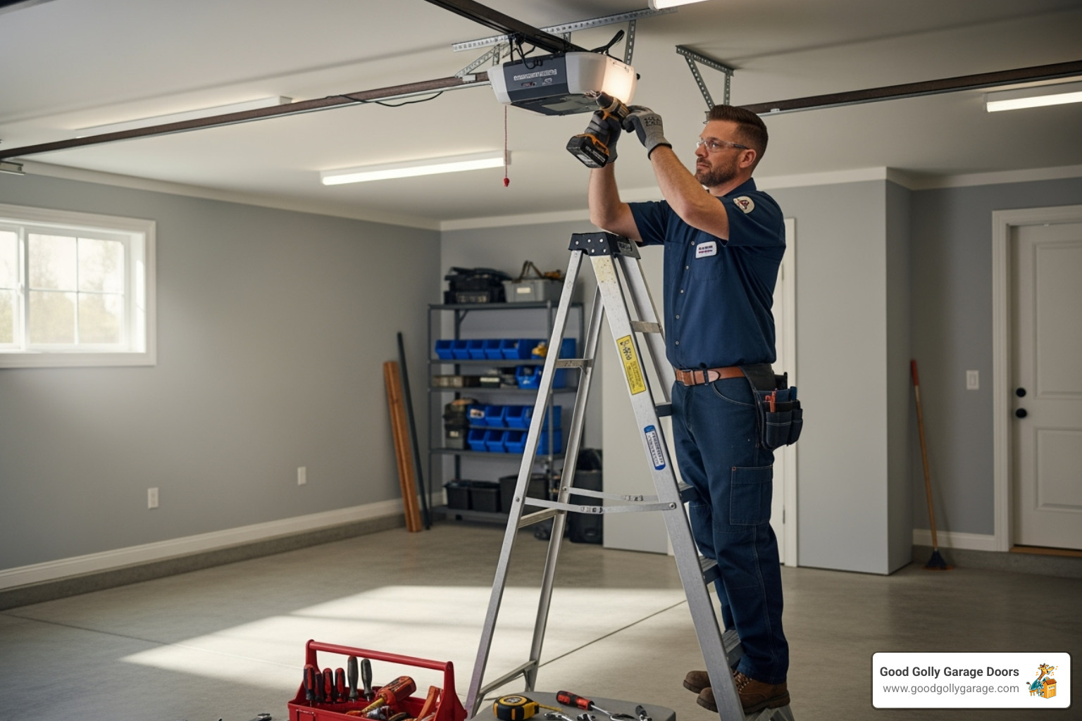 Professional technician safely installing a garage door opener - garage door opener installation las vegas nv