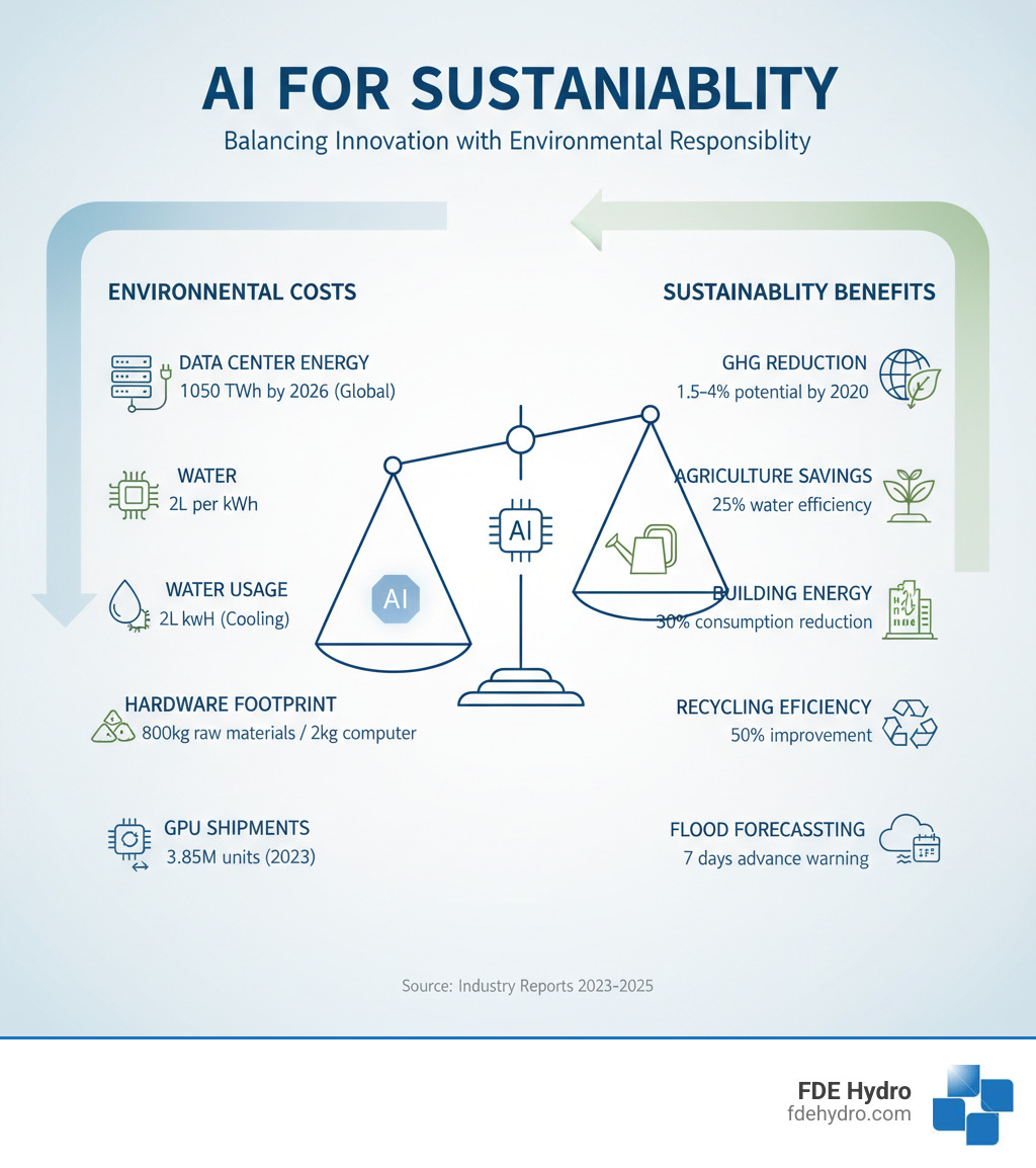 Detailed infographic showing AI for sustainability's dual nature: left side displays environmental costs (data center energy consumption rising to 1,050 TWh by 2026, water usage of 2L per kWh, 800kg raw materials per 2kg computer, GPU shipments at 3.85M in 2023); right side shows benefits (1.5-4% potential GHG reduction by 2030, 25% water savings in agriculture, 30% energy reduction in buildings, 50% recycling efficiency improvement, flood forecasting 7 days ahead); center shows balance scale with AI chip icon - AI for sustainability infographic 