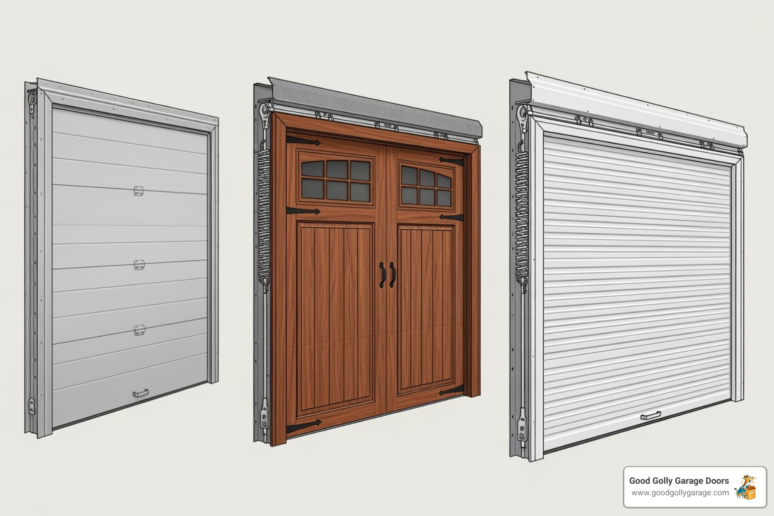 Illustration of different garage door sizes and materials (wood, steel, insulated) - garage door opener installation las vegas nv