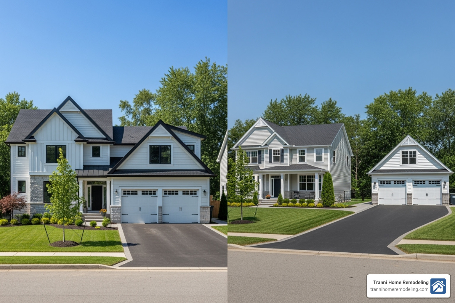 Side-by-side comparison of an attached and a detached garage addition. The attached garage seamlessly connects to the house, while the detached garage stands alone on the property. - garage addition to existing garage