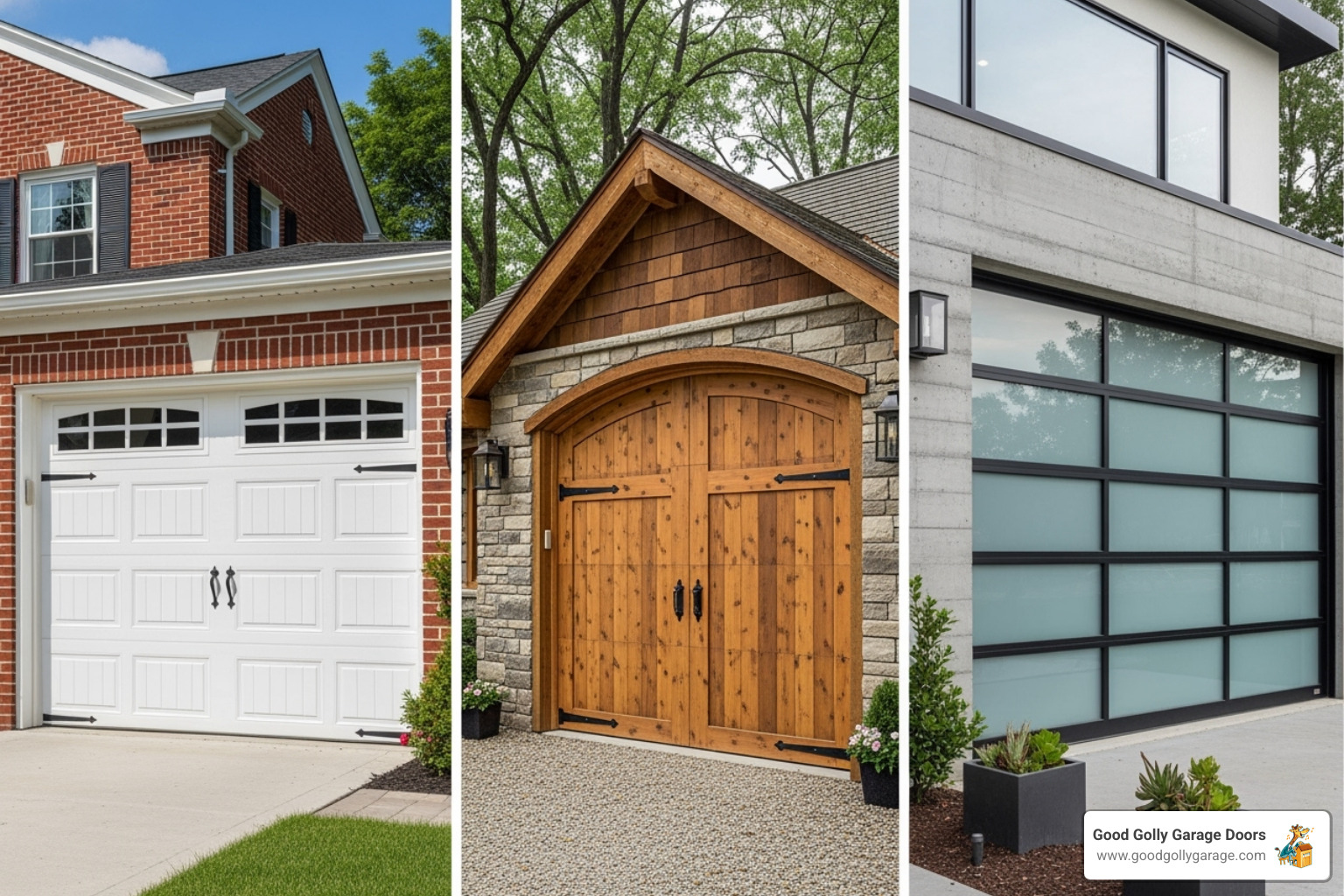 A collage showing three distinct garage door styles: a classic white panel traditional door, a rustic wooden carriage house door, and a sleek, modern full-view glass door. - garage doors repairs & installations