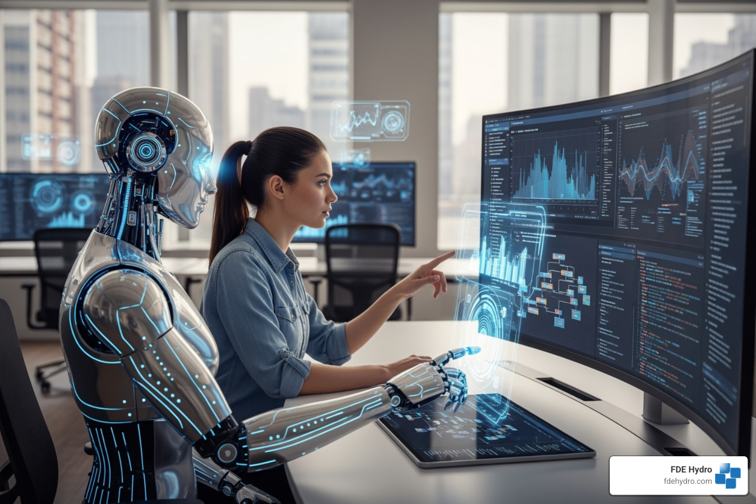 Developer collaborating with a robot or AI interface, looking at complex data visualizations - AI driven development
