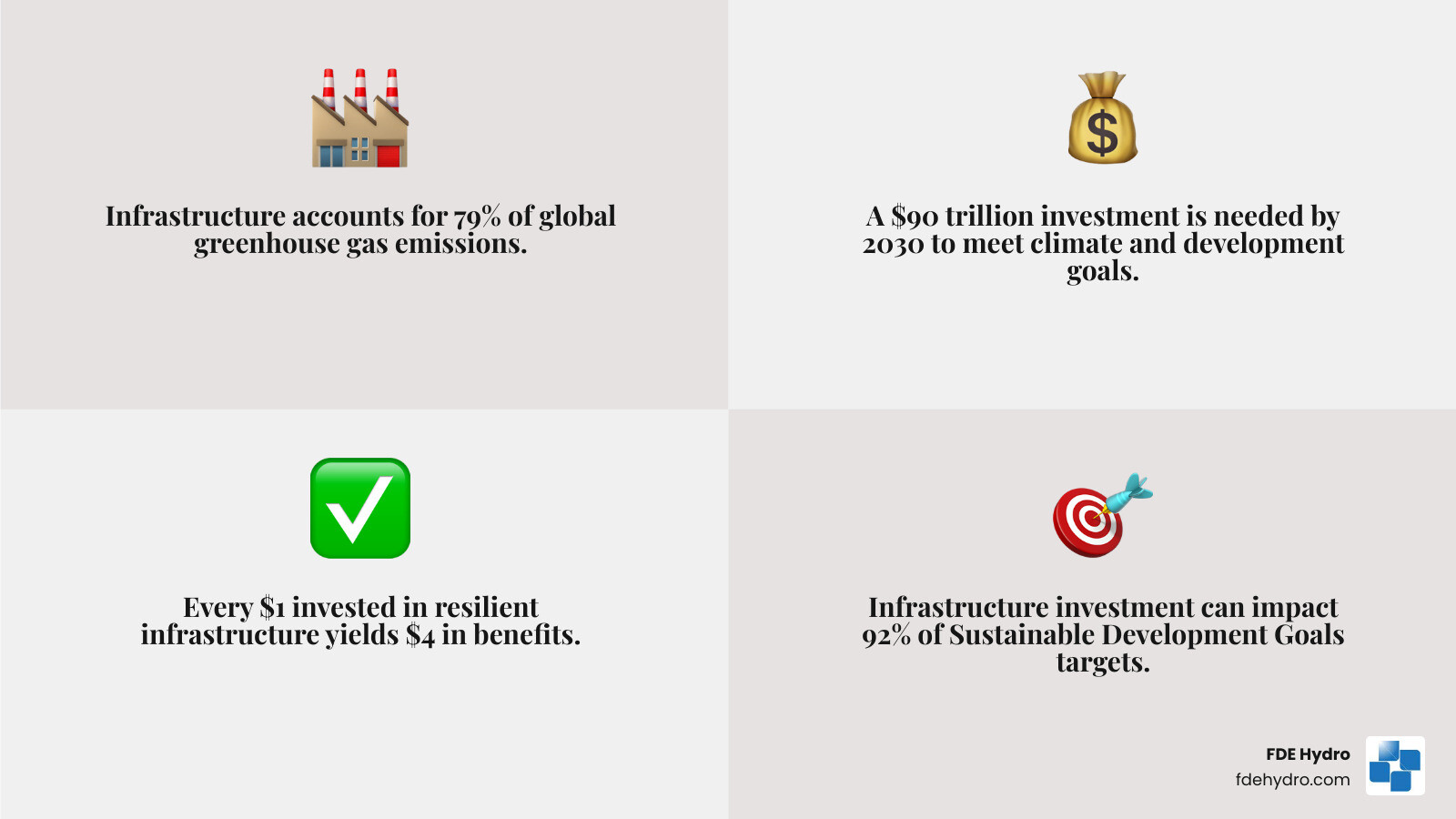 Infographic showing 79% of global GHG emissions come from infrastructure, $90 trillion investment needed by 2030, every $1 invested in resilient infrastructure yields $4 in benefits, 92% of SDG targets are achievable through infrastructure investment, and 4% GDP growth possible with clean energy investments - sustainable infrastructure development infographic 4_facts_emoji_grey